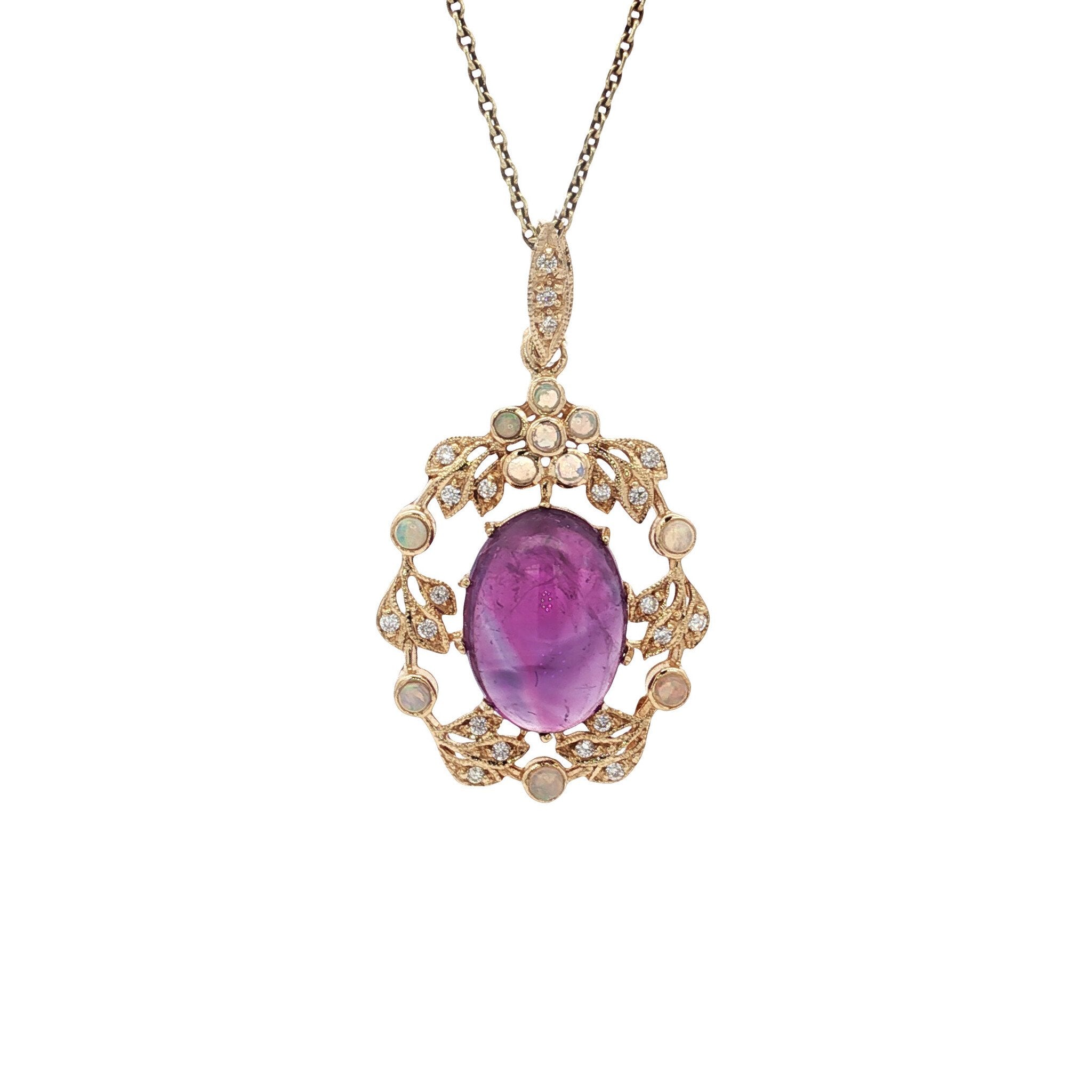 Gouden hanger met amethist, opaal en diamant 14 kt