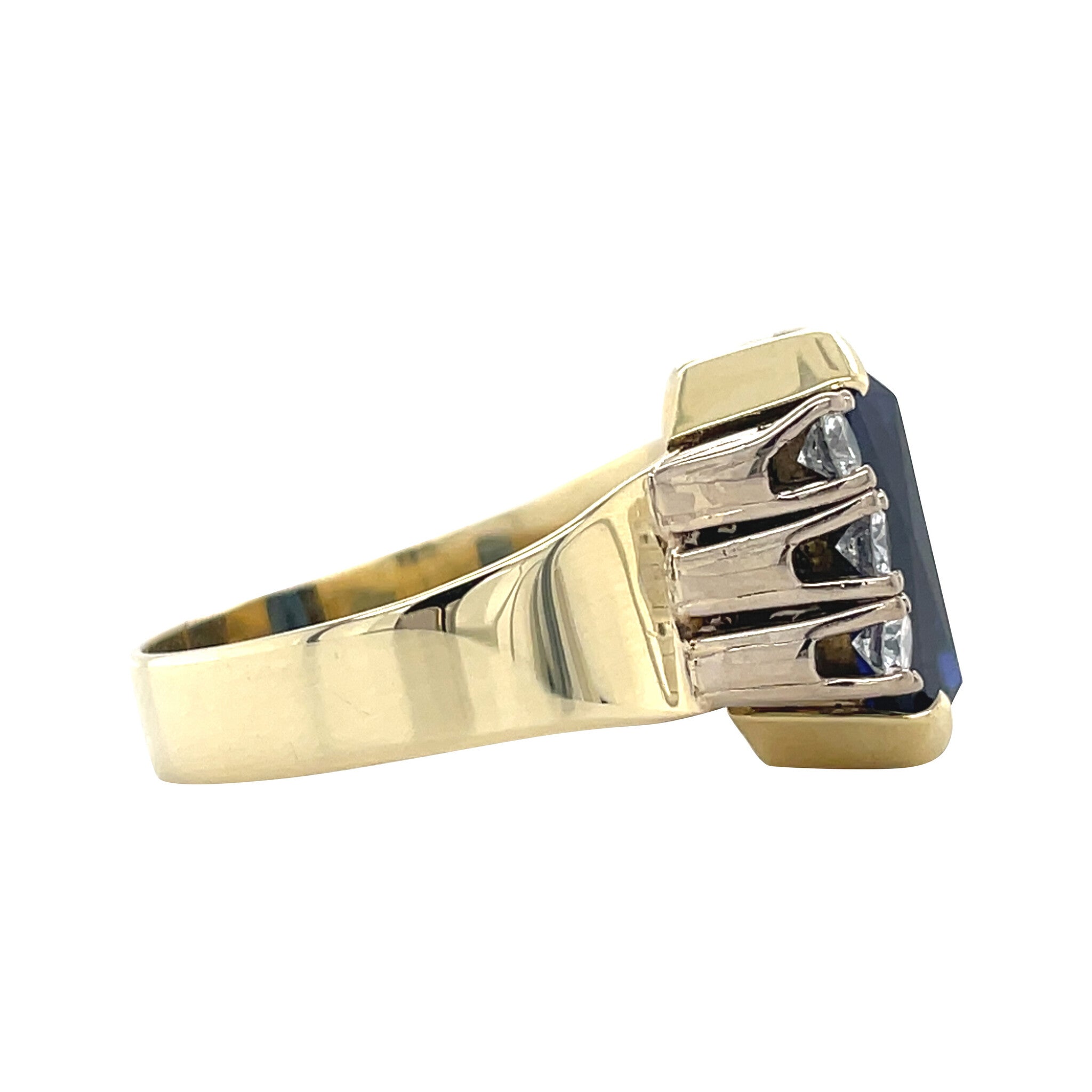 Gouden vintage ring met saffier en diamant 14 krt