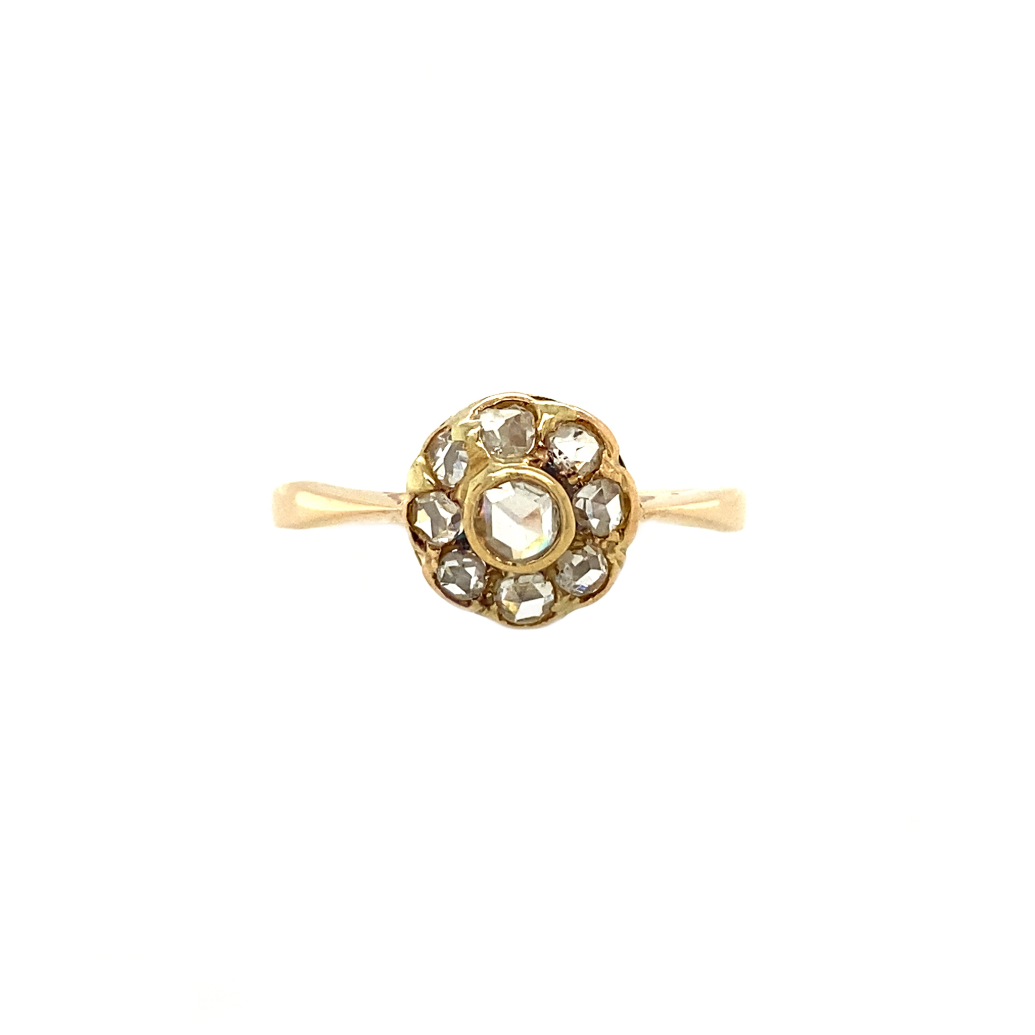 14 kt gold halo ring with a rose-cut diamond