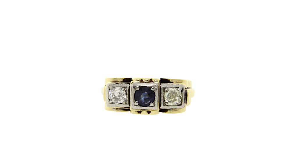 Gouden art deco ring met saffier en diamant 12 krt