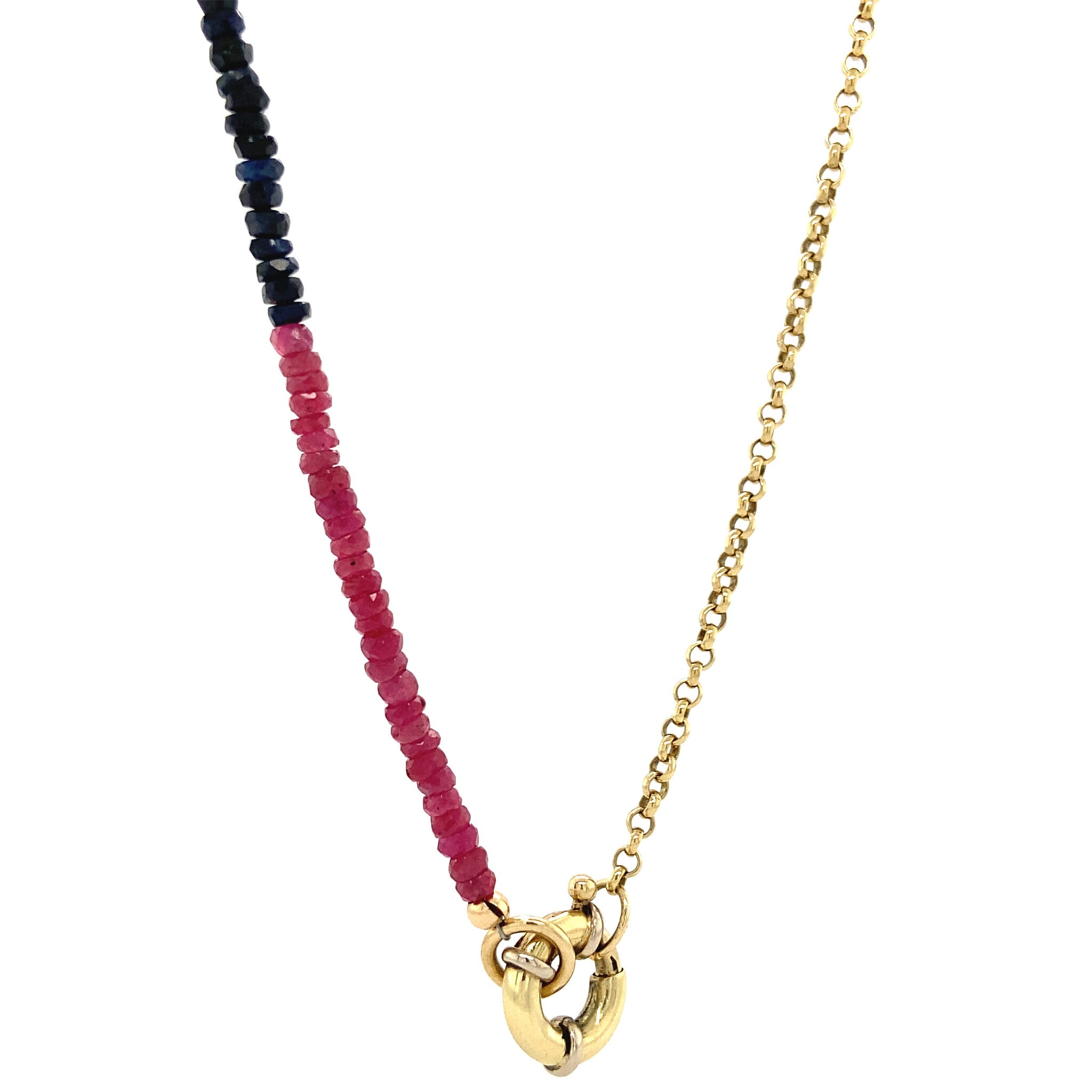 Robijn, smaragd en saffier collier 14 krt