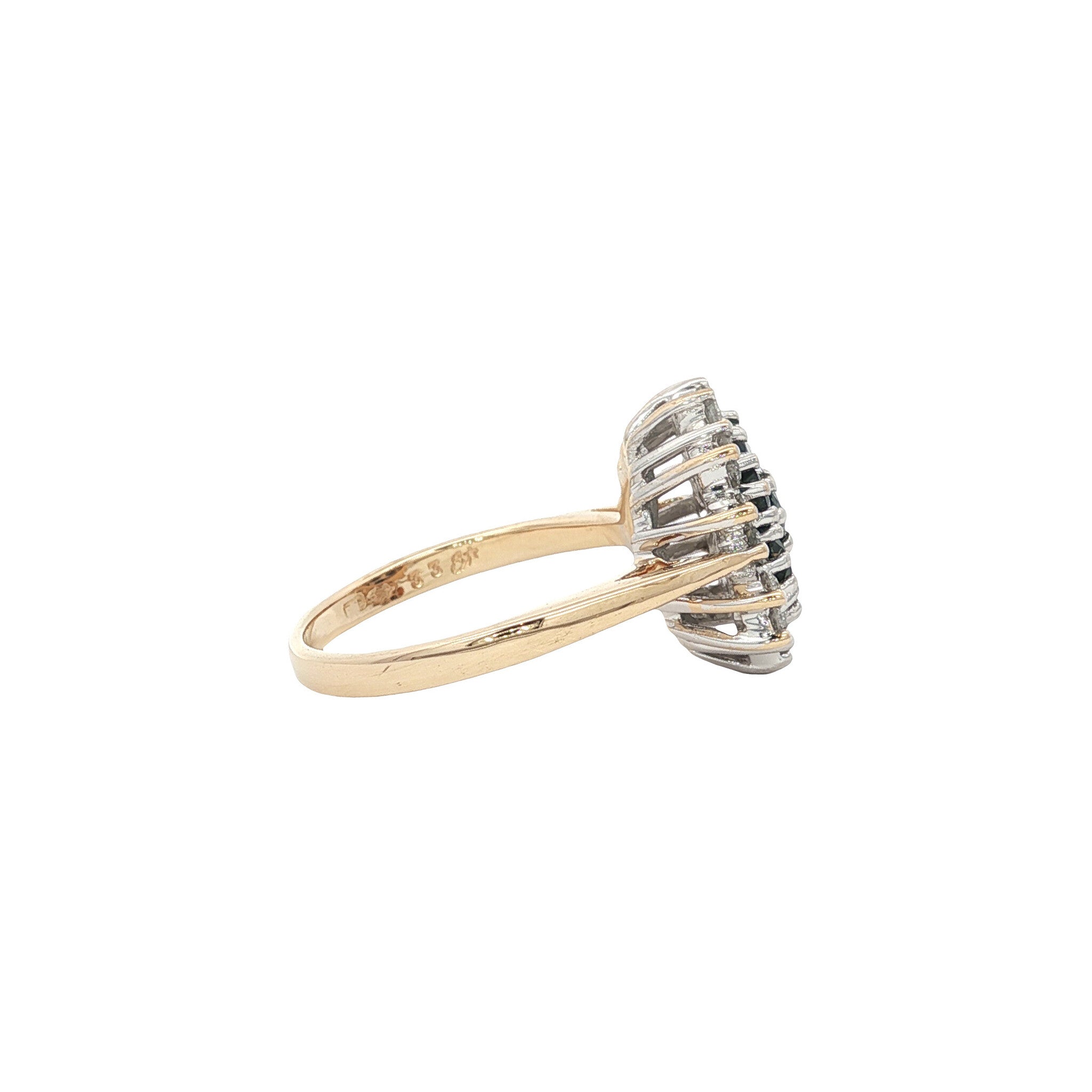 Gouden vintage entourage ring met saffier en diamant 14 kt