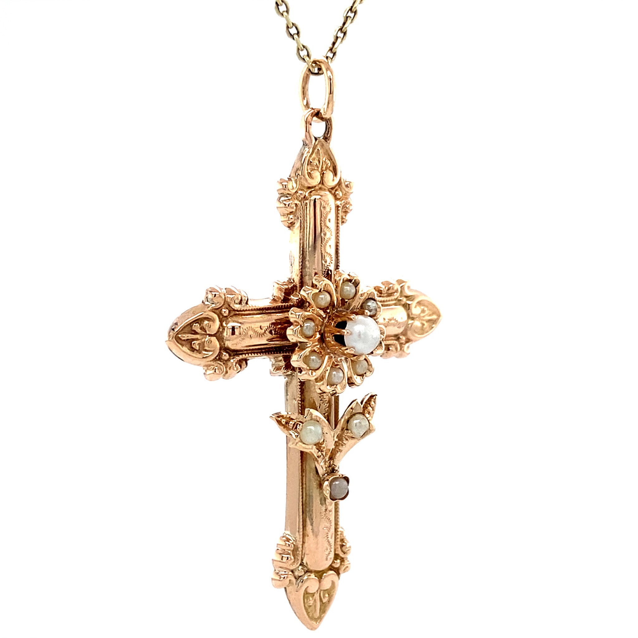 Roségouden vintage entourage kruis hanger met parel 14 krt
