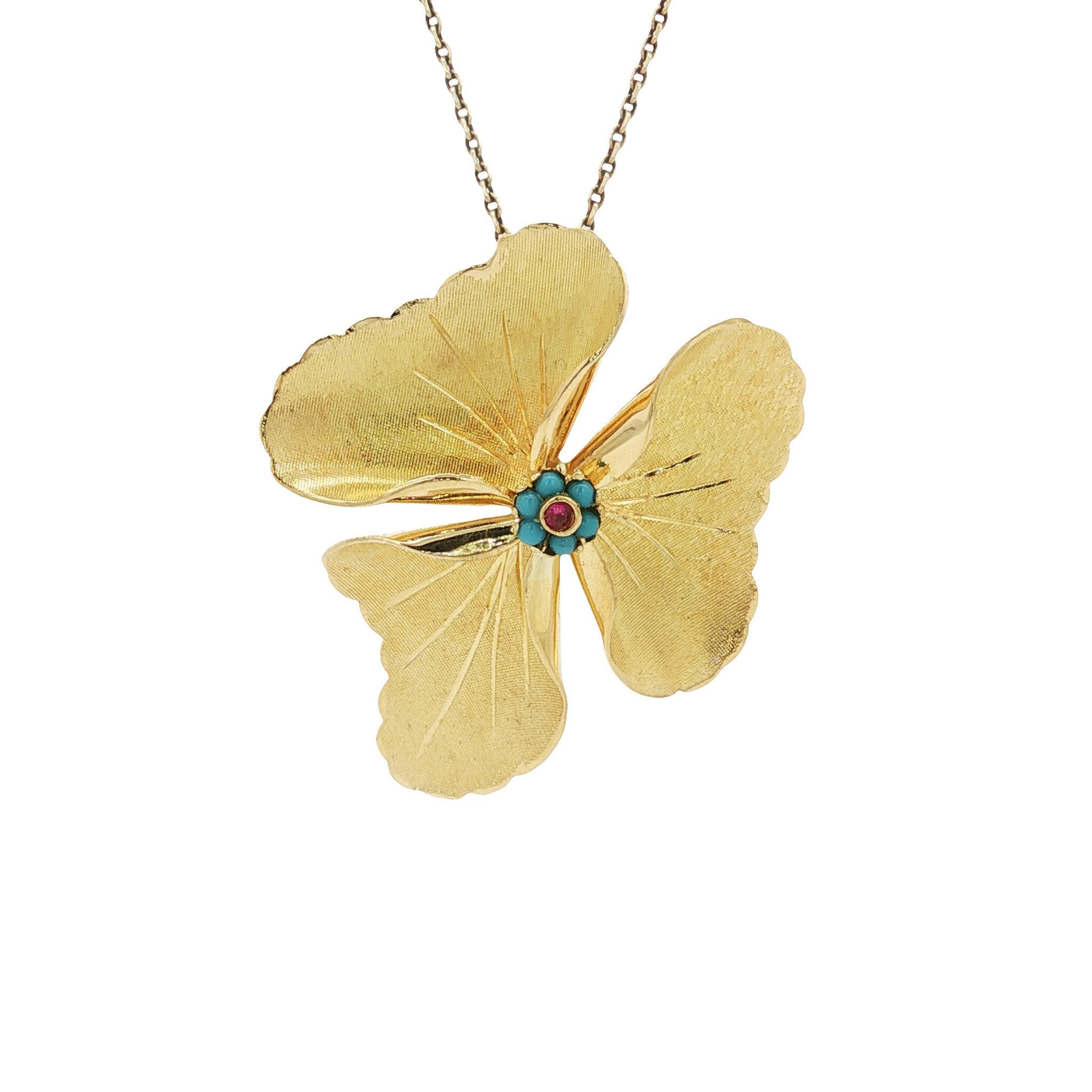 Gouden vintage entourage hanger met robijn en kleursteen 18 kt