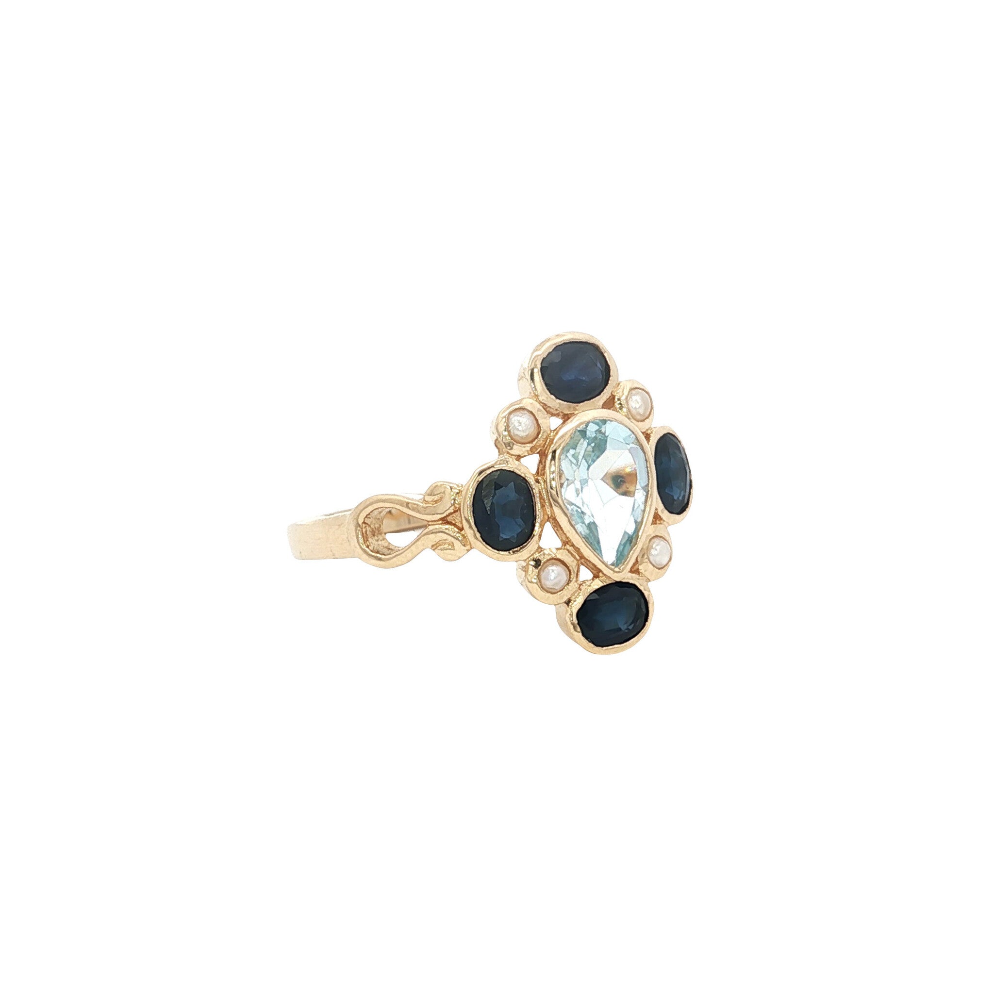 Gouden ring met topaas, saffier en parel 14 kt