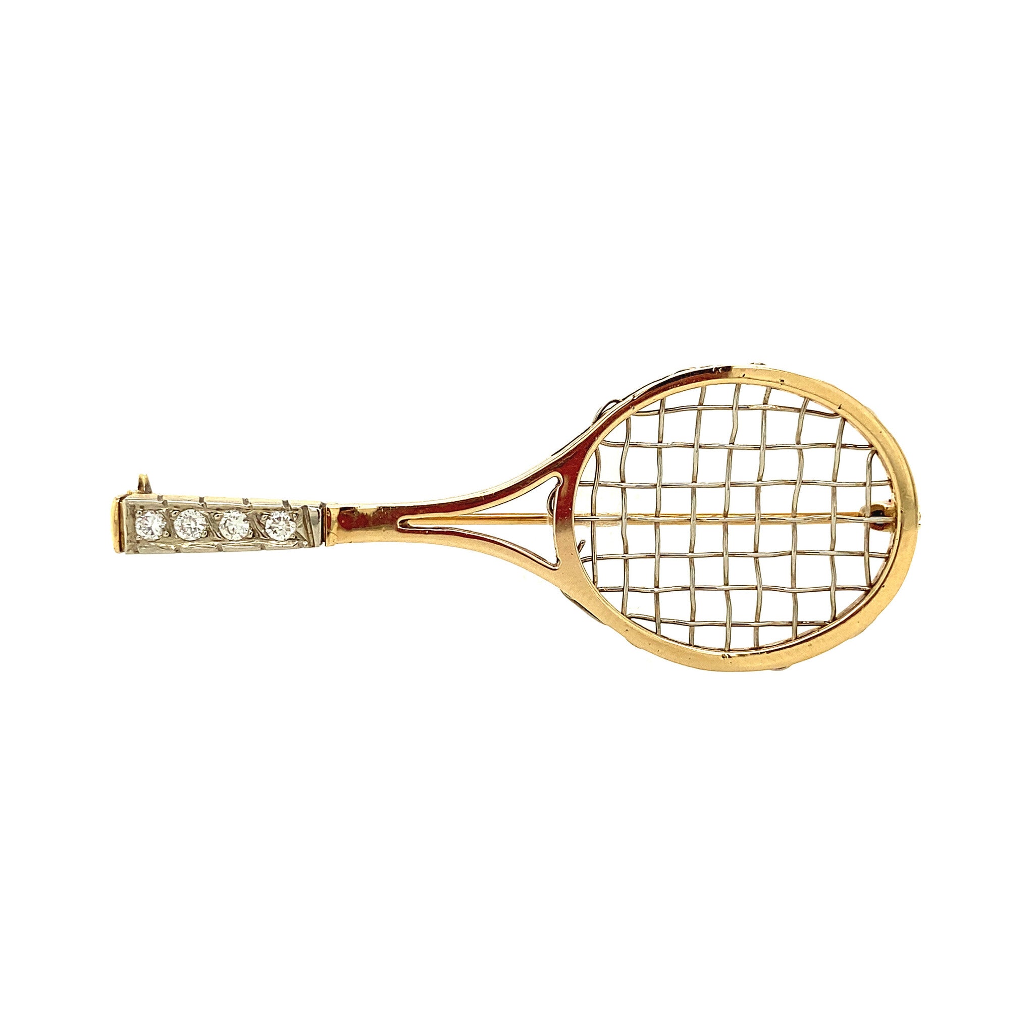 Gold tennis racket brooch with diamond 14 kt