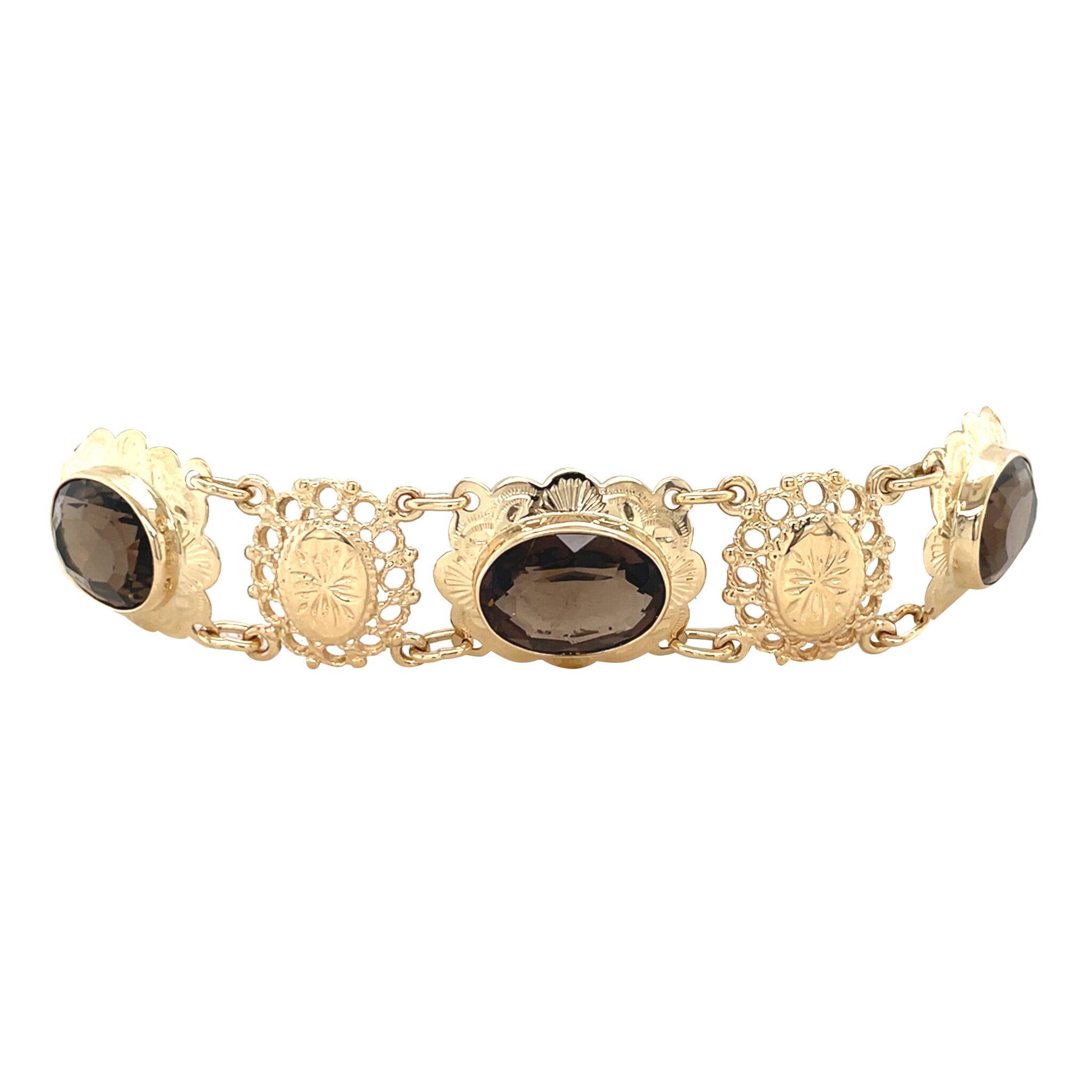 Vintage gold boot charm bracelet with smoky quartz, 14 kt