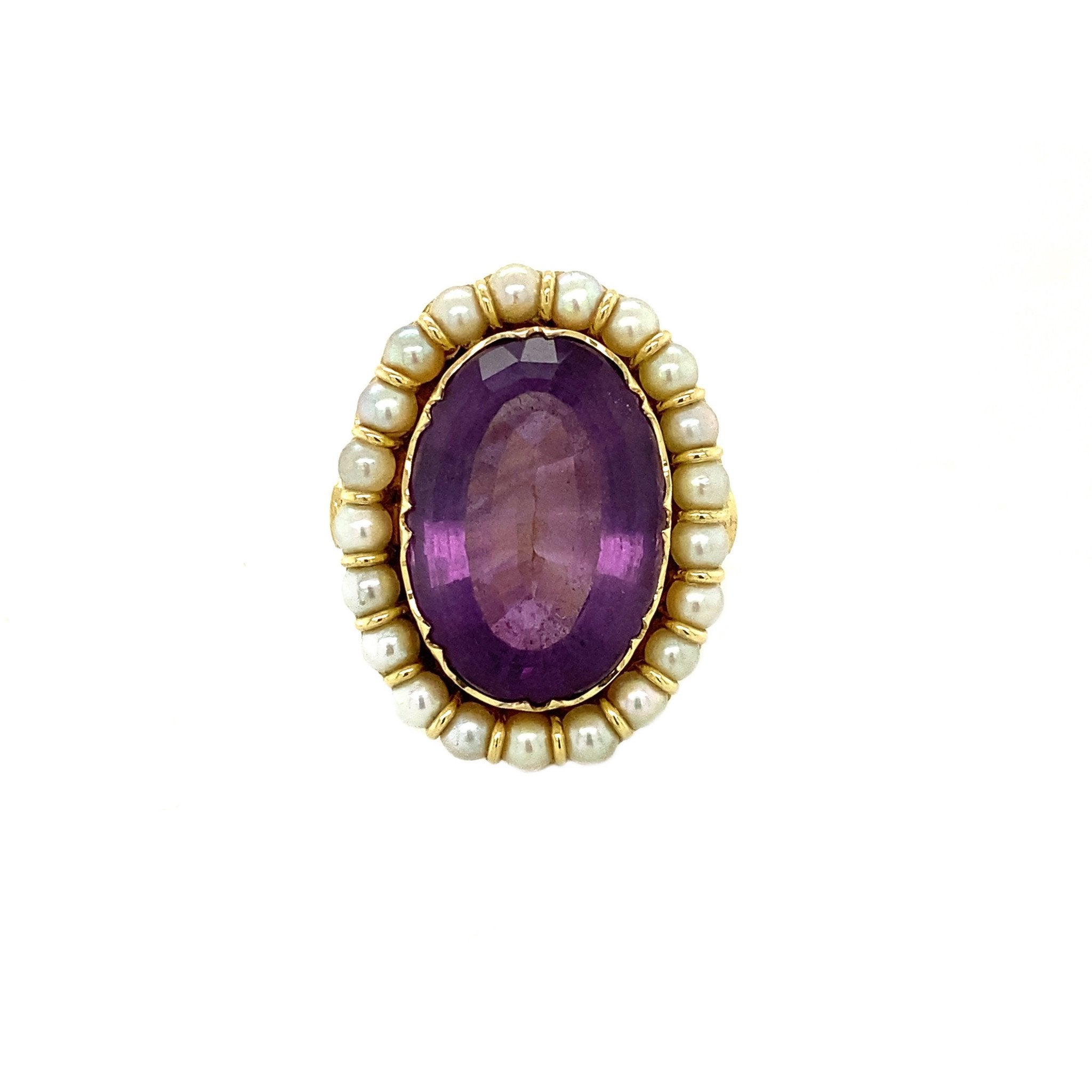14 kt gold halo ring with amethyst and pearl