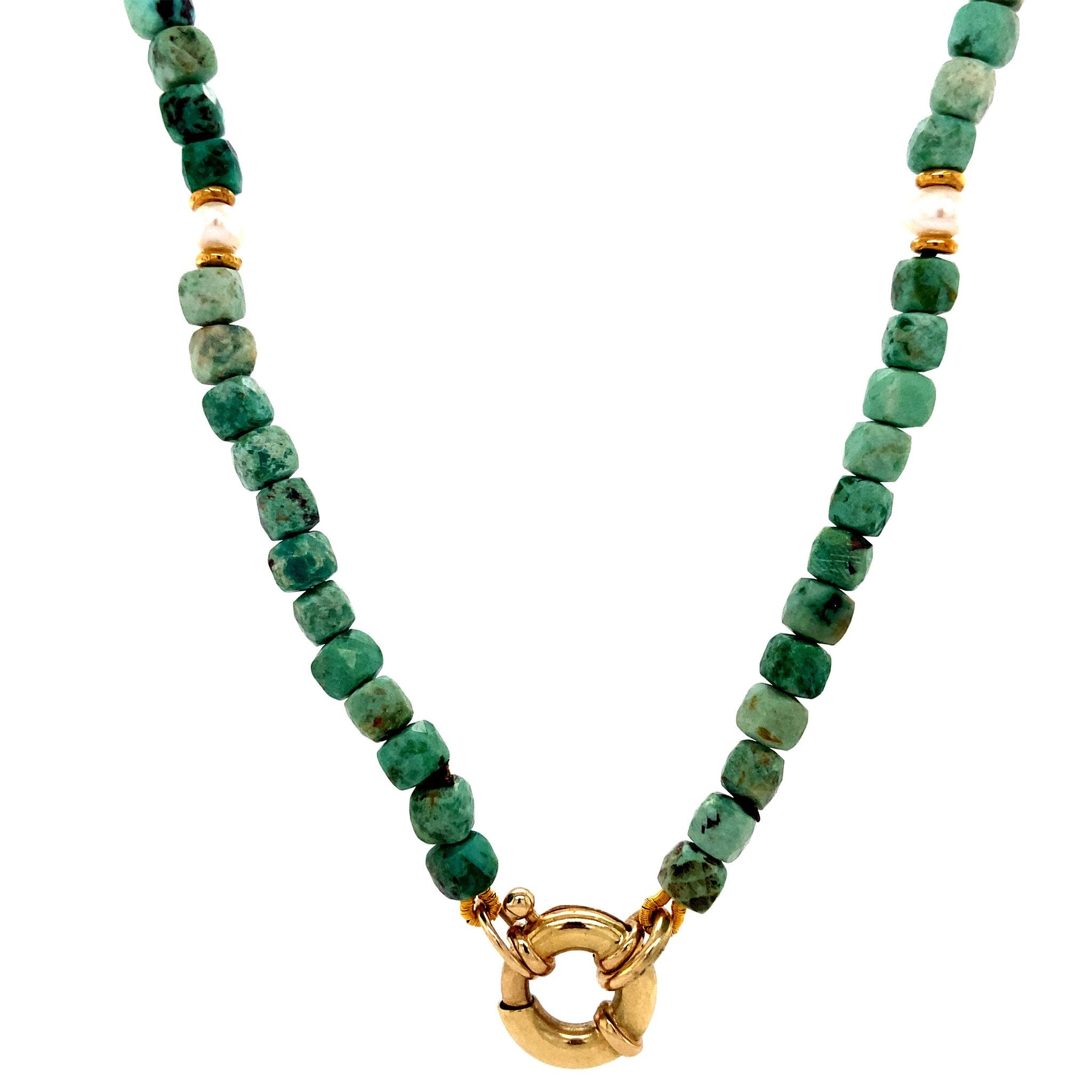 Turquoise necklace with pearl and 14 kt gold clasp