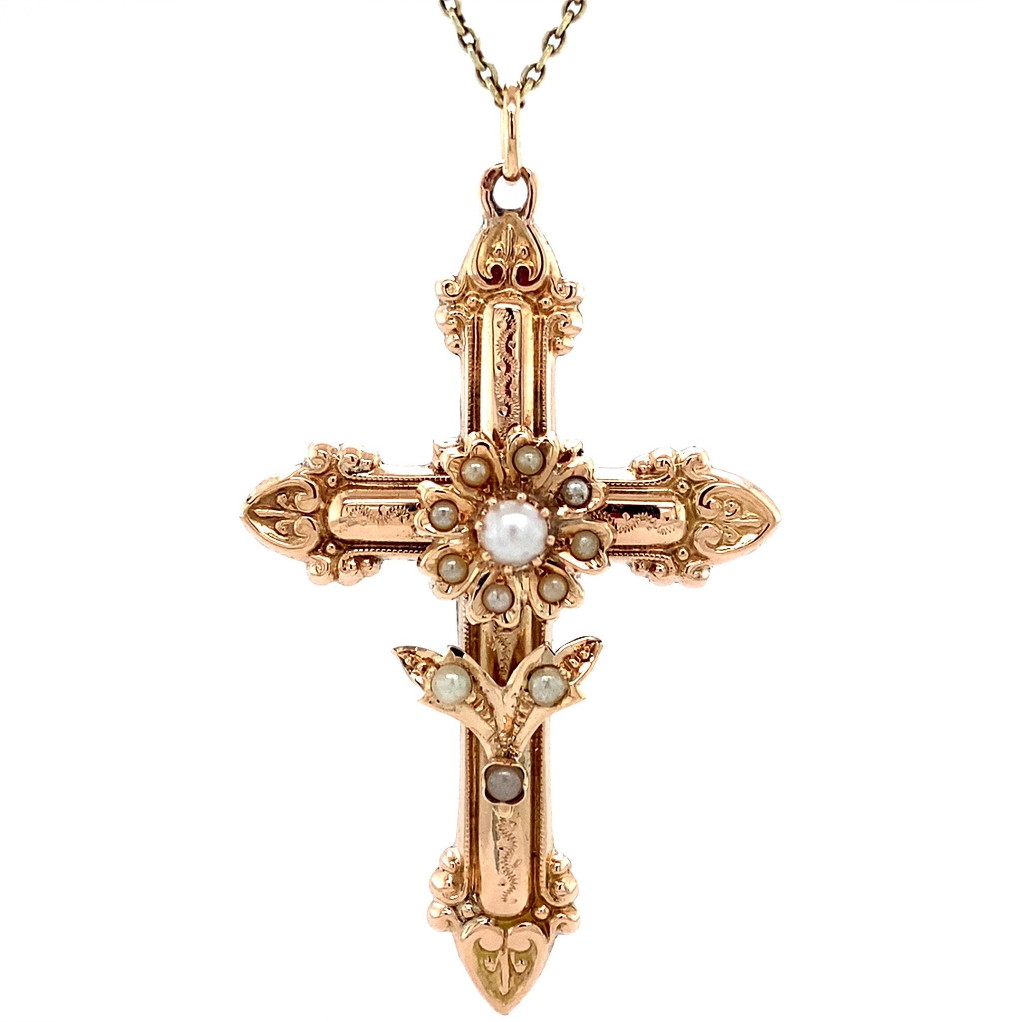 Rose-gold vintage entourage cross pendant with pearl, 14 kt