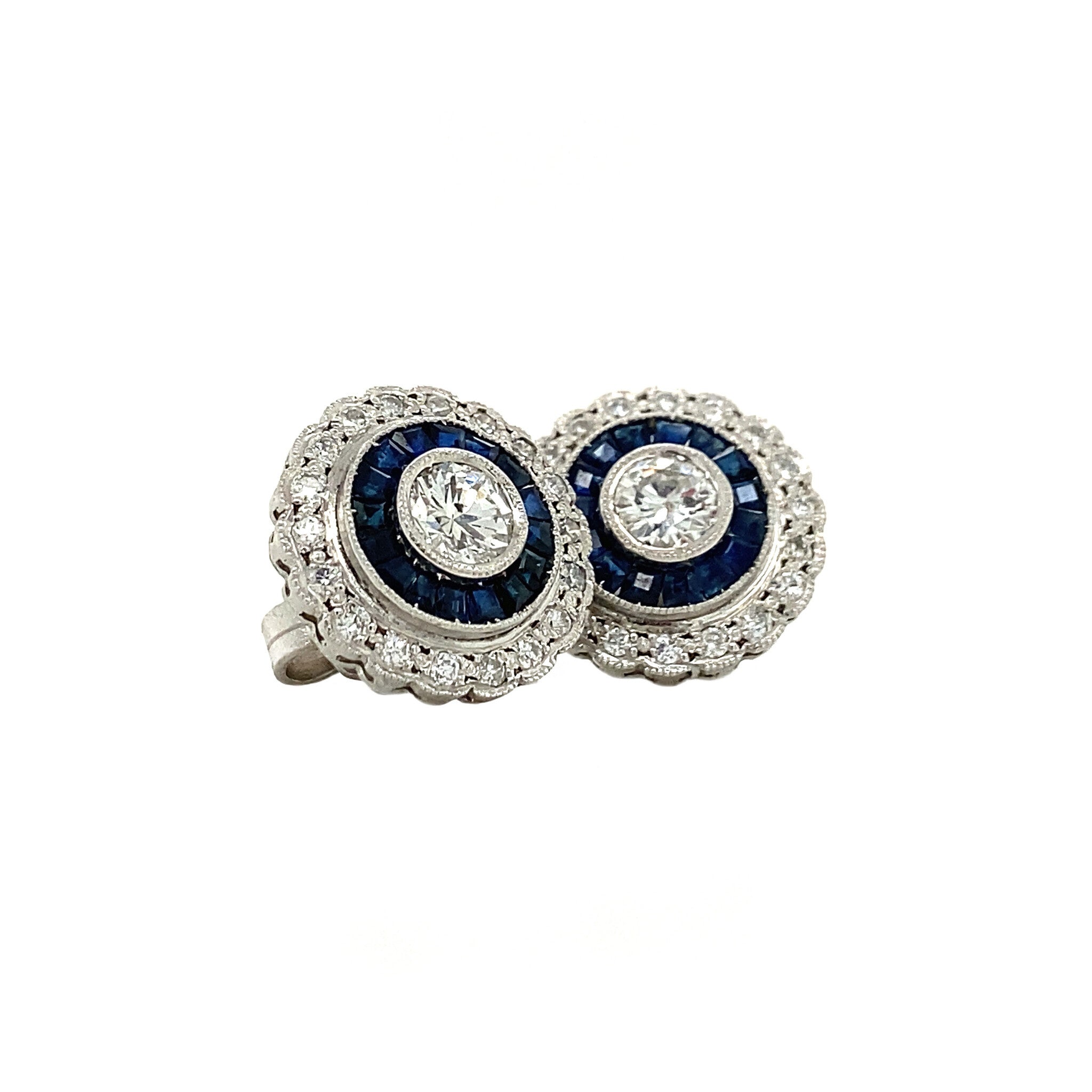 Platina dubbele entourage oorstekers met saffier en diamant 950