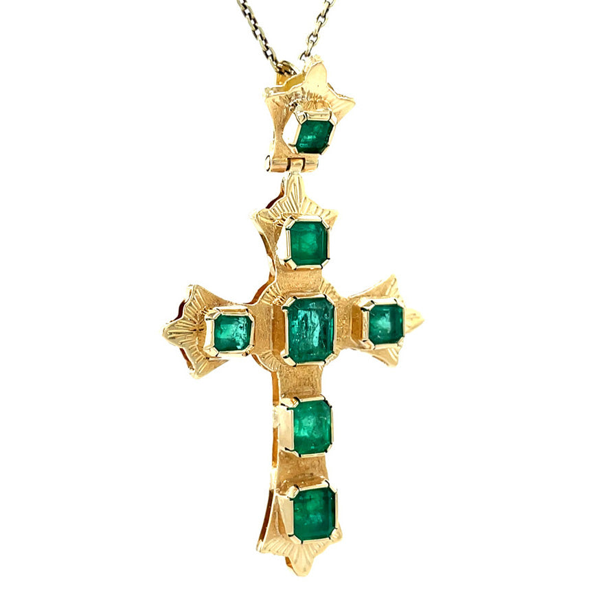 Gouden vintage kruis hanger met smaragd 14 kt