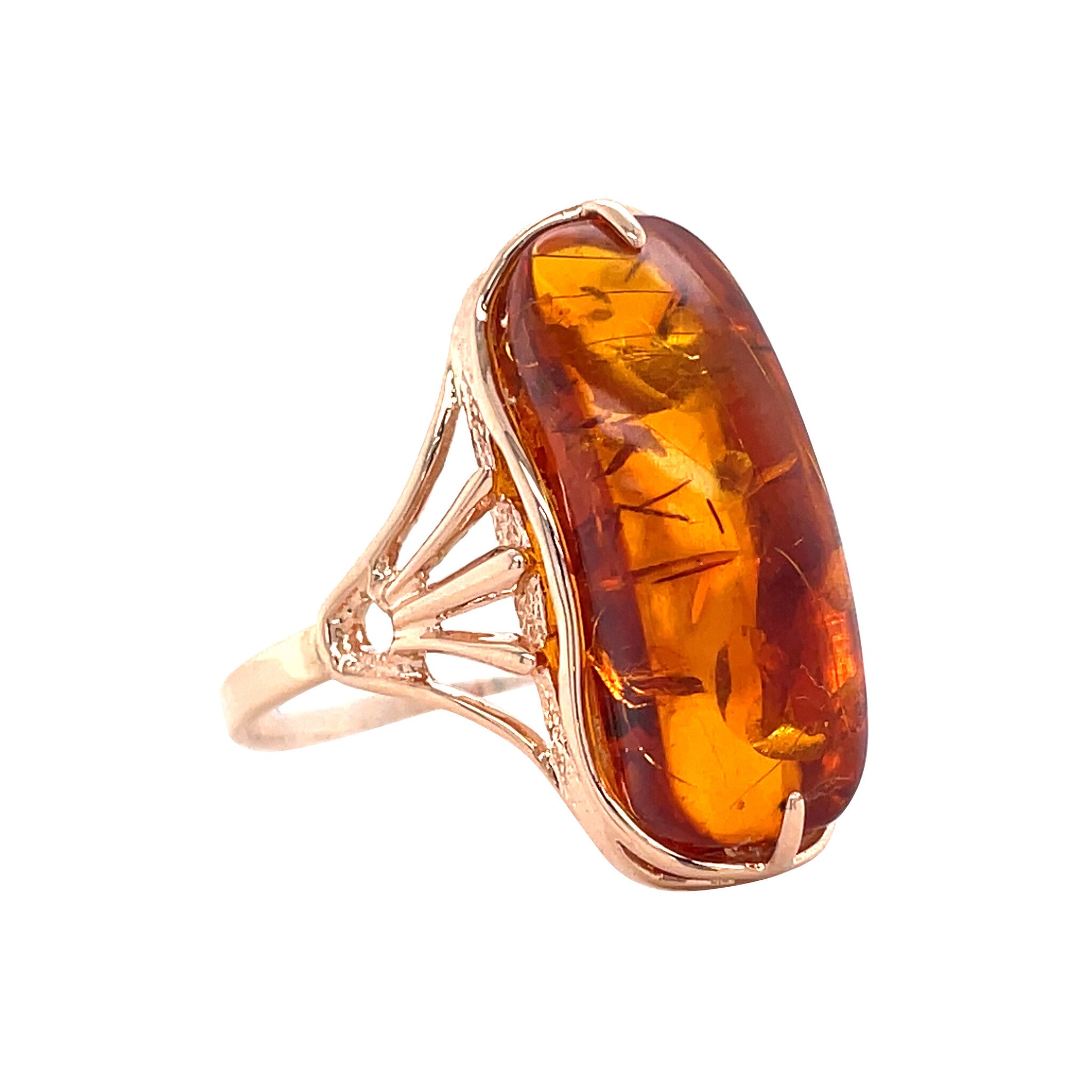 Roségouden vintage ring met heated amber 14 krt