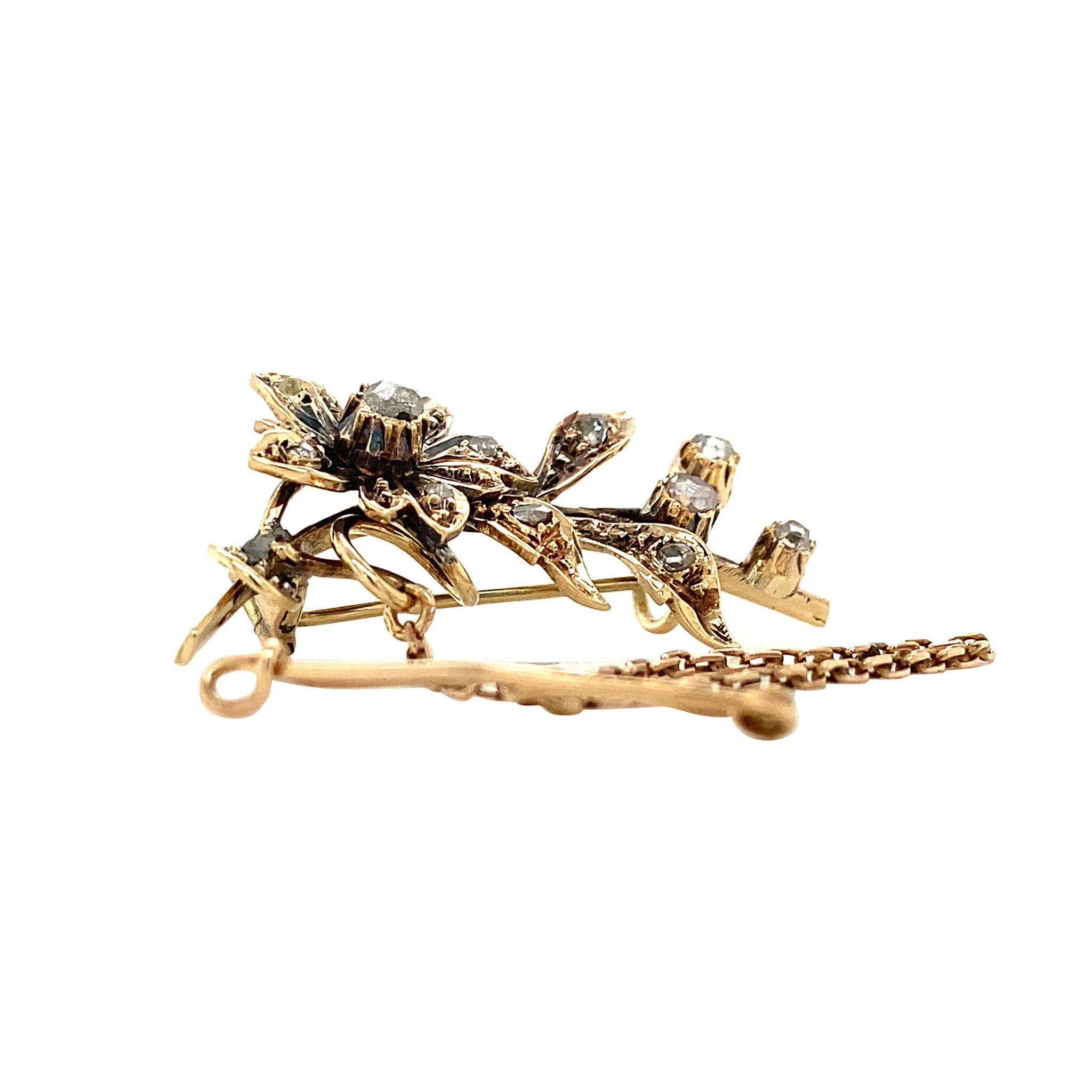 Gold vintage brooch with rose-cut diamond, 14 kt