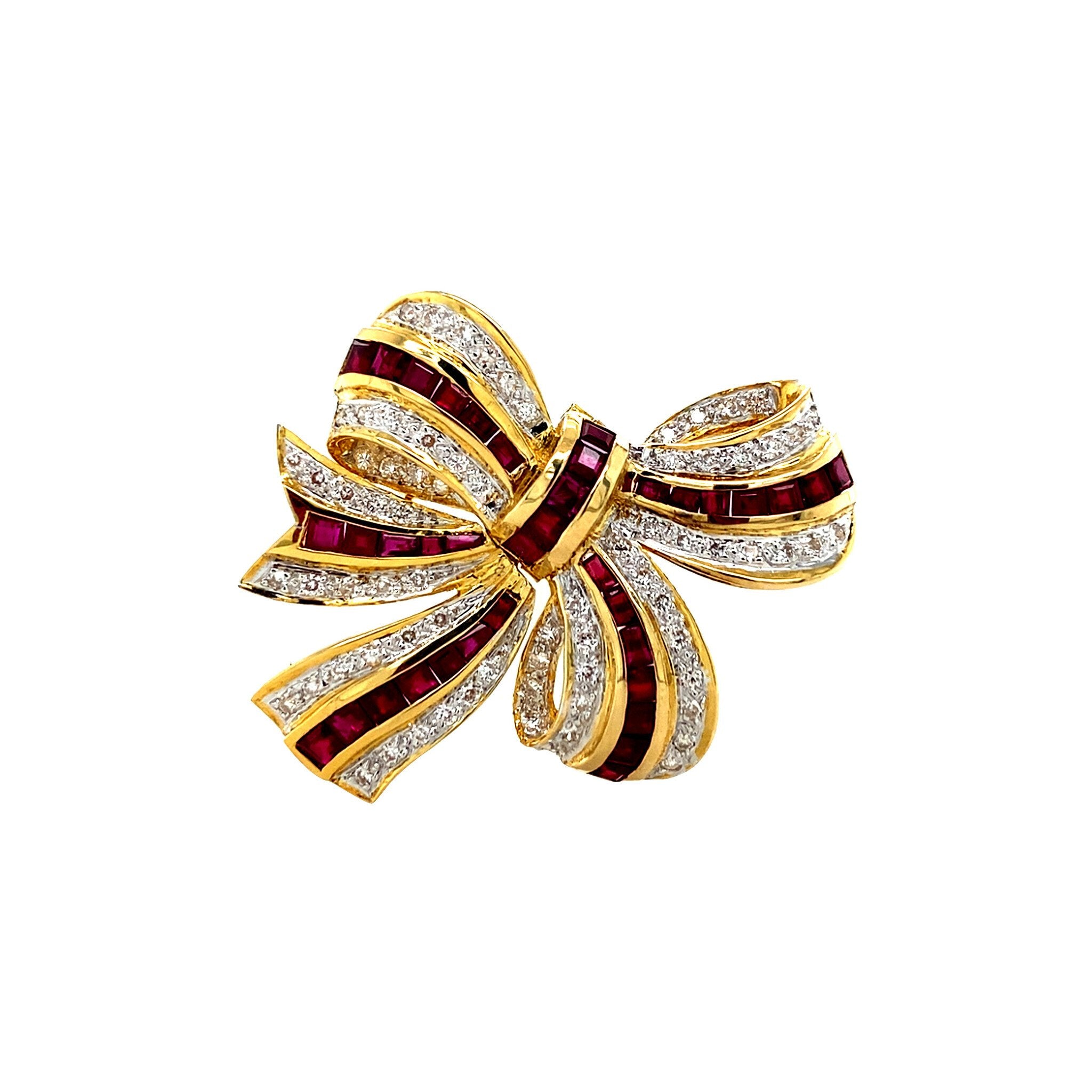 Gouden strik broche met robijn en diamant 18 krt