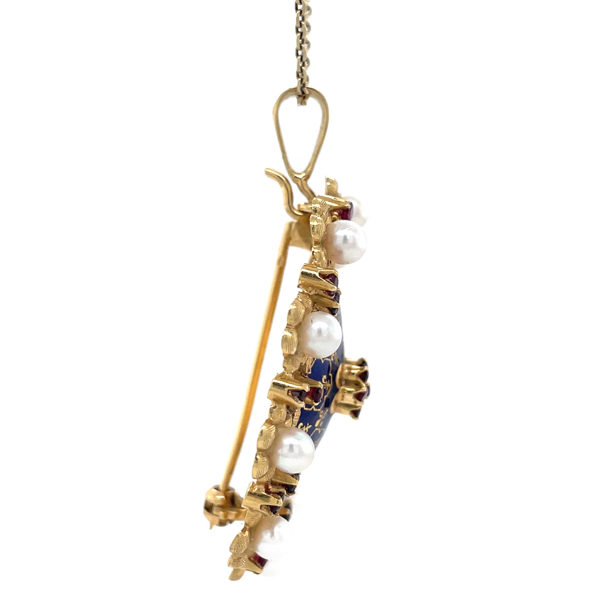 Gouden vintage entourage hanger met emaille, kleursteen en parel 18 kt