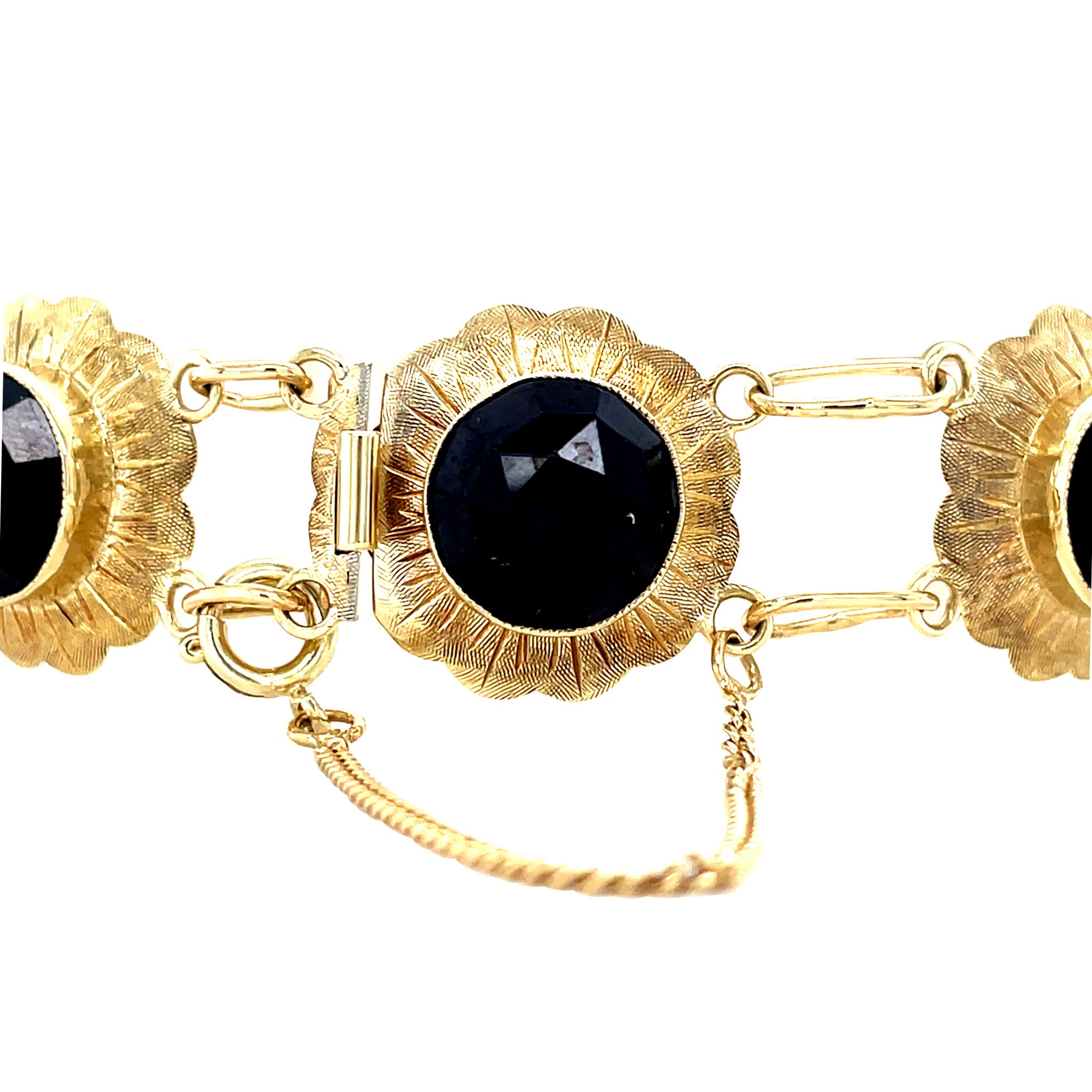 Gouden vintage bootjes armband met granaat 14 krt