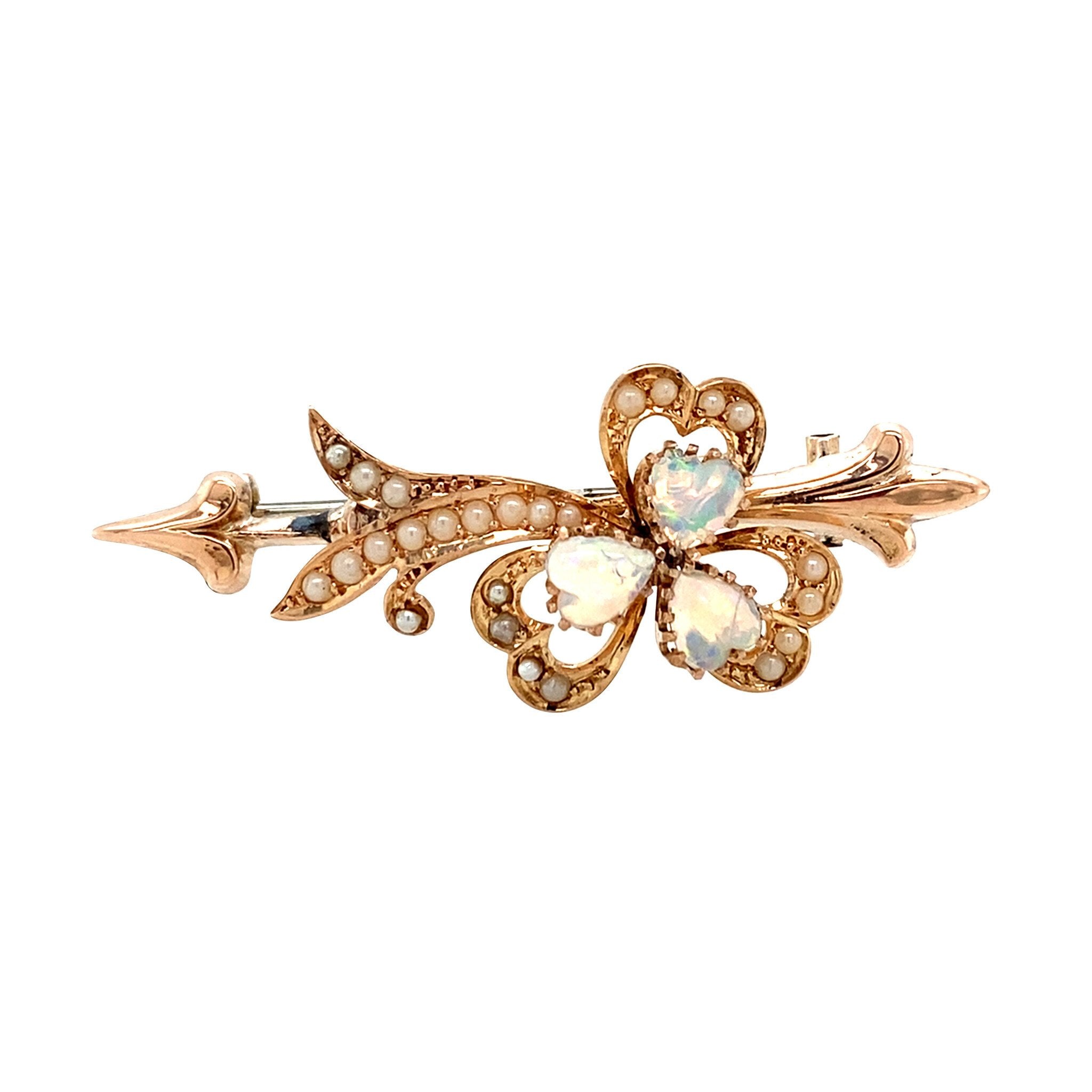 Roségouden vintage broche met opaal en parel 14 krt