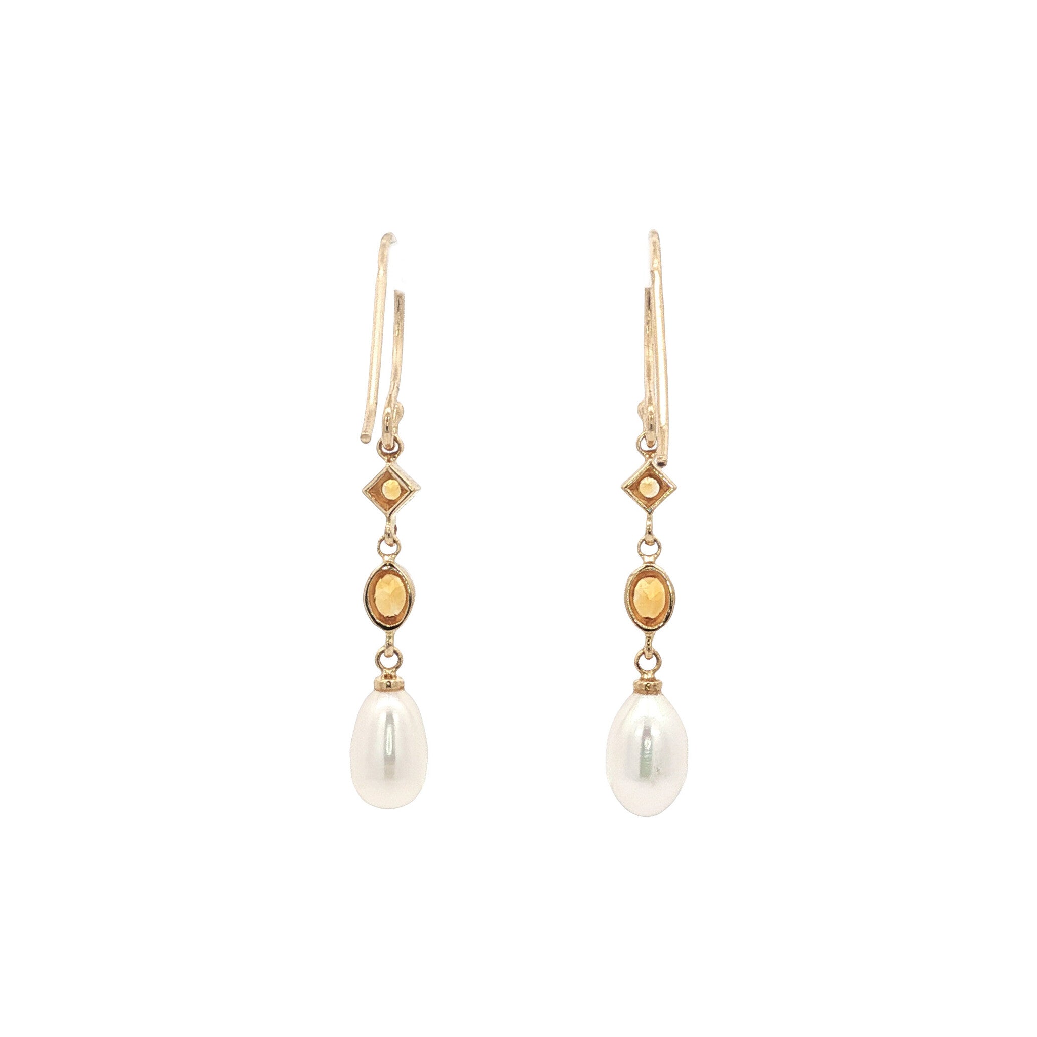 Gold earrings with citrine and pearl, 14 kt