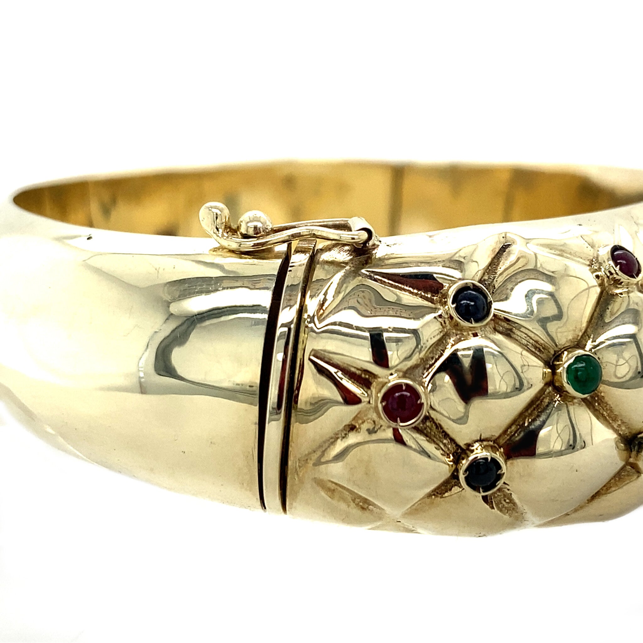 Vintage bangle met robijn, saffier en smaragd 12 krt