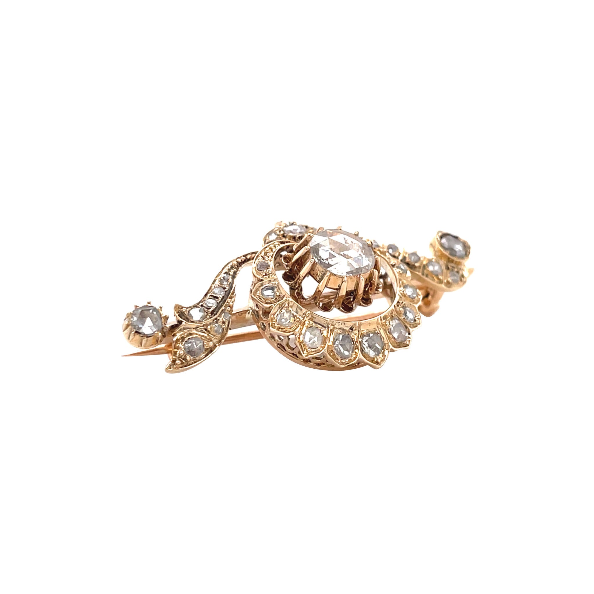Gouden vintage broche met roosdiamant 14 krt