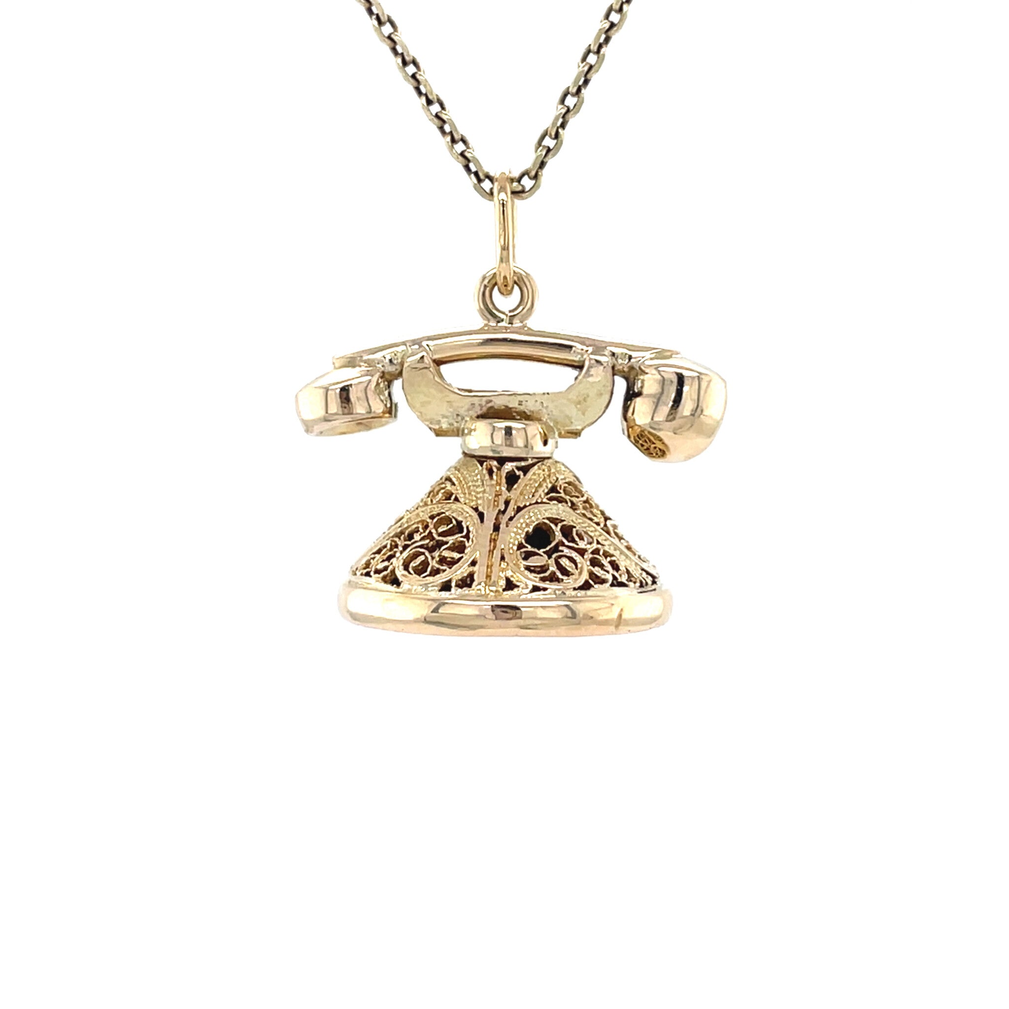 Gouden vintage telefoon hanger met emaille 14 krt