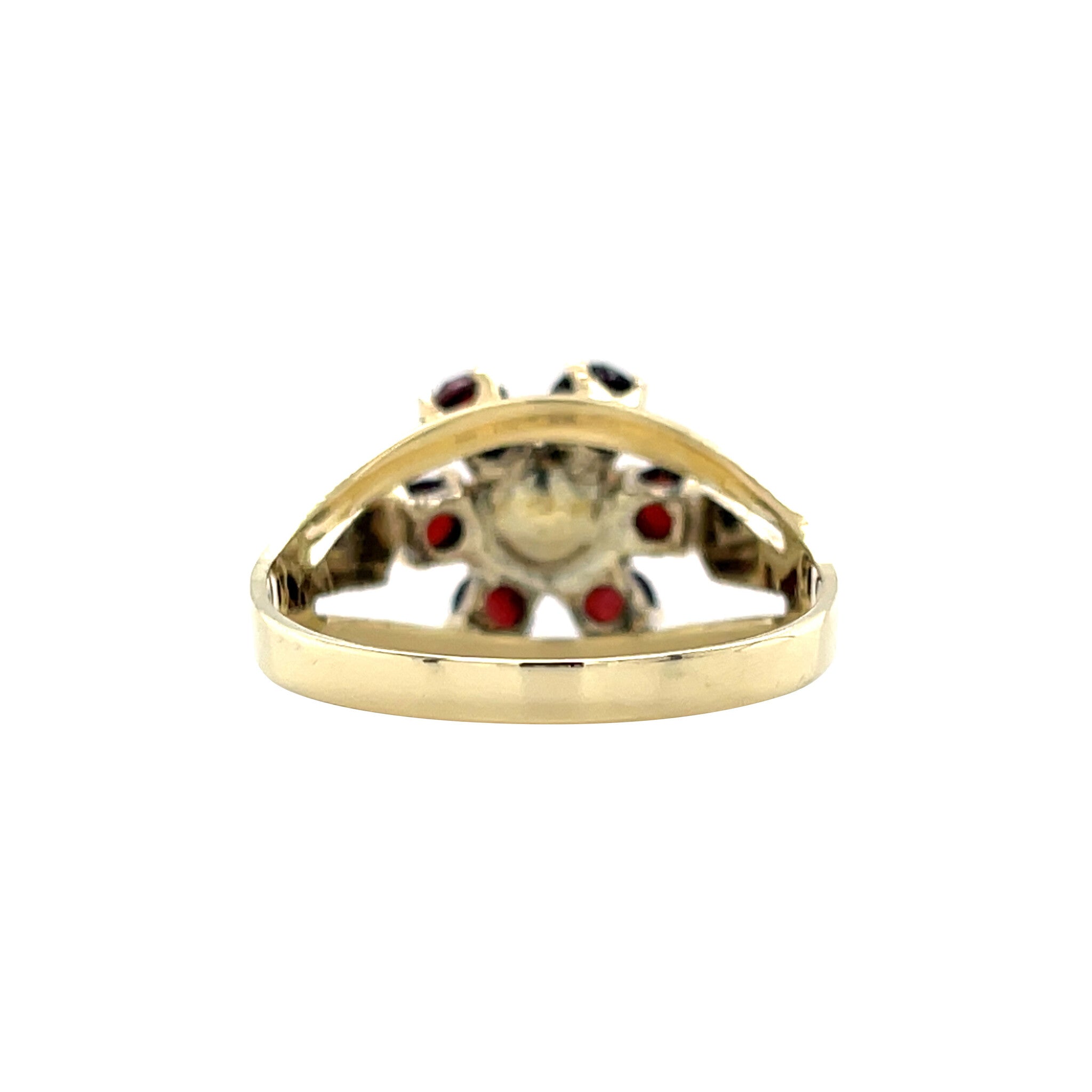 Gouden vintage entourage ring met parel en granaat 14 krt