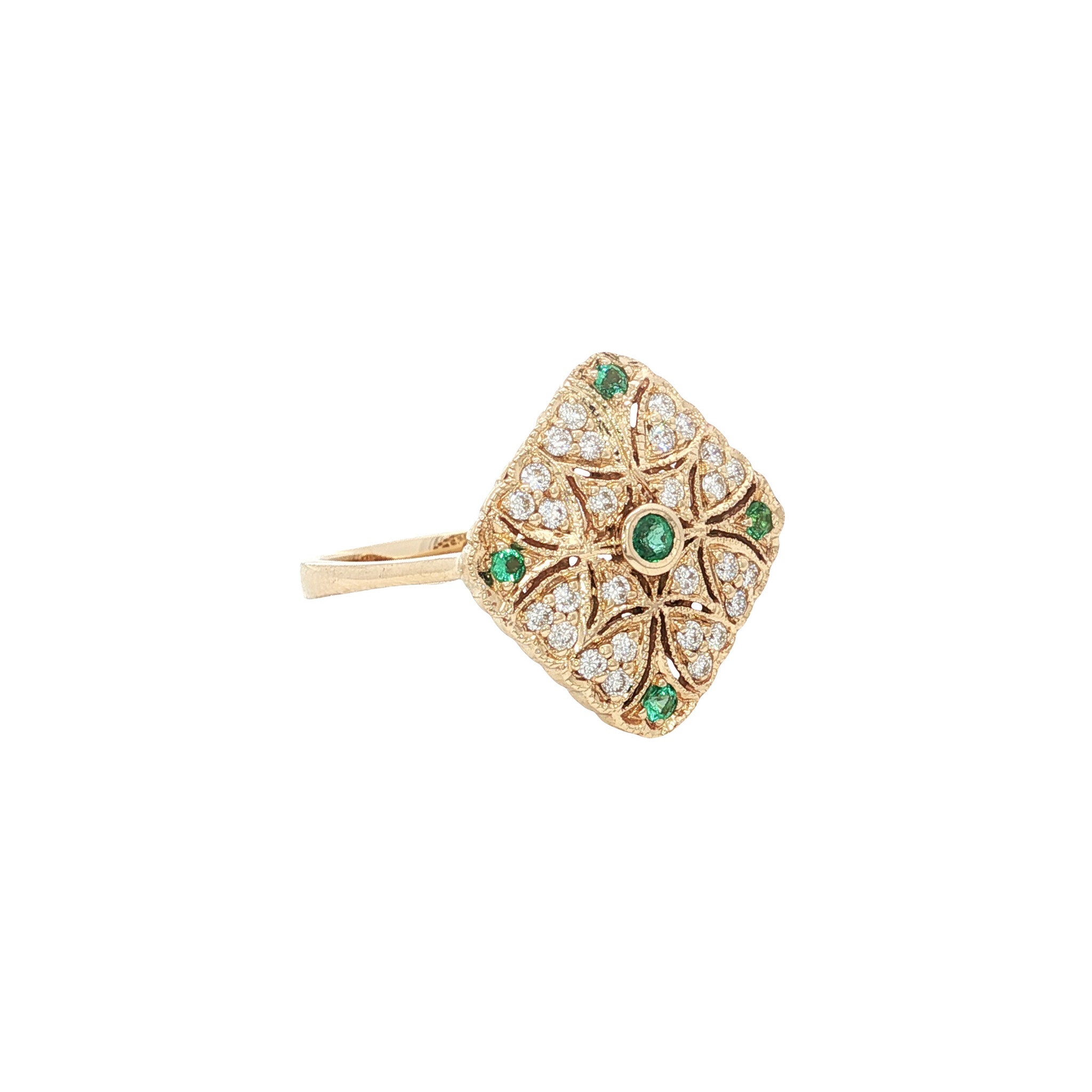 14 kt gold ring with emerald and diamond