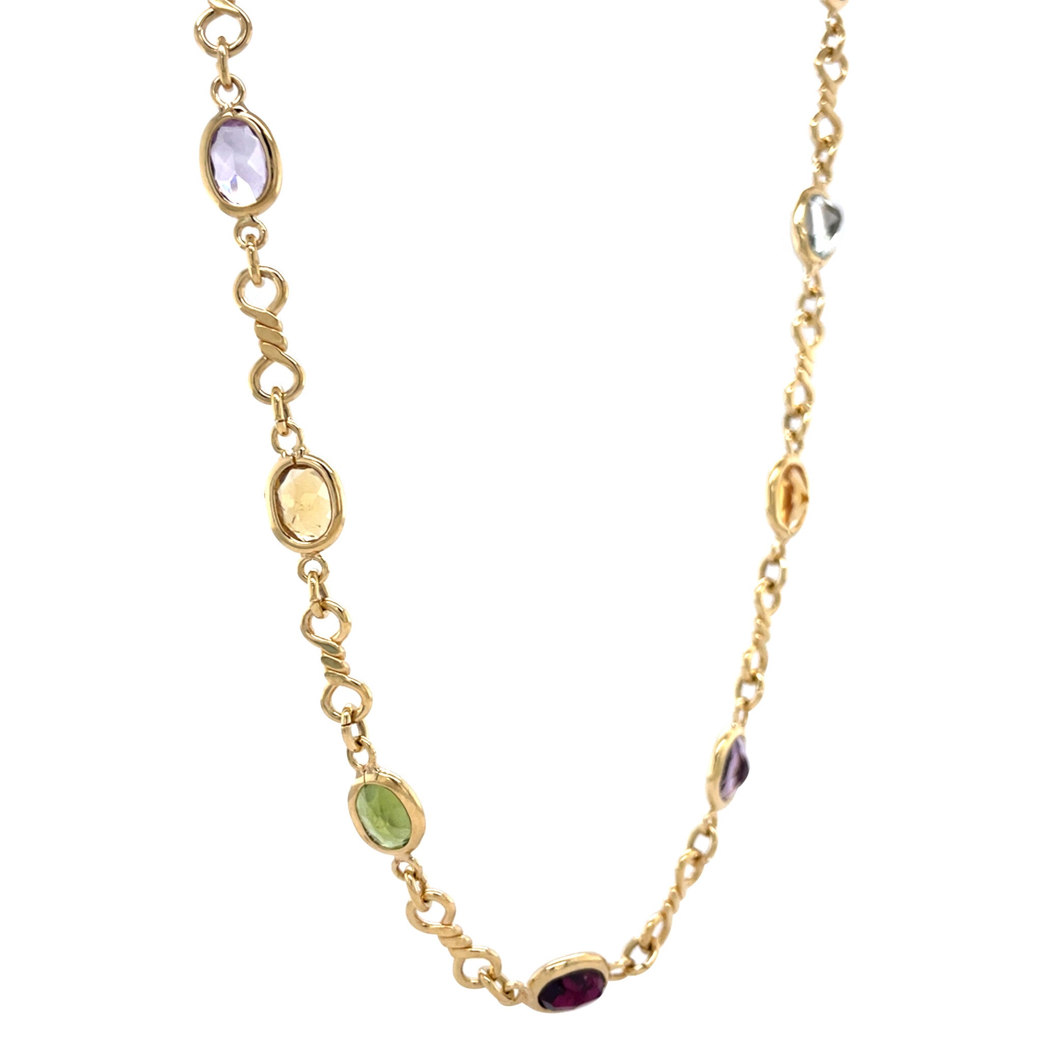 Gold vintage necklace with topaz, citrine, garnet, amethyst and peridot 18 kt