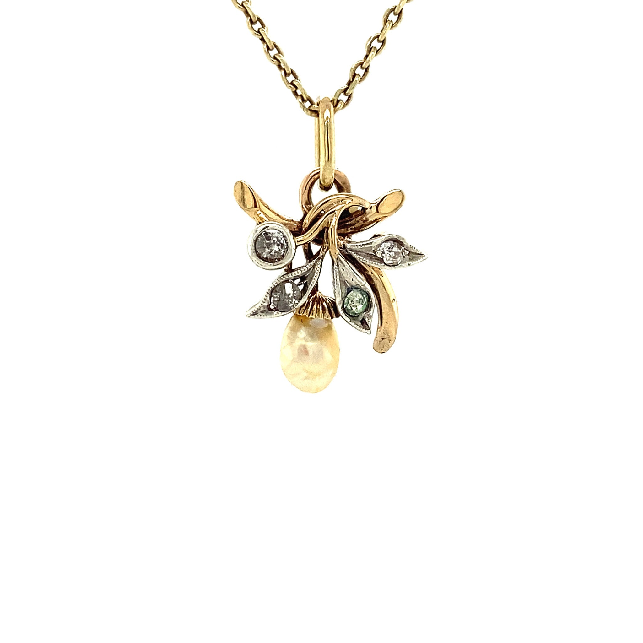 Gold pendant with pearl and diamond, 14 kt