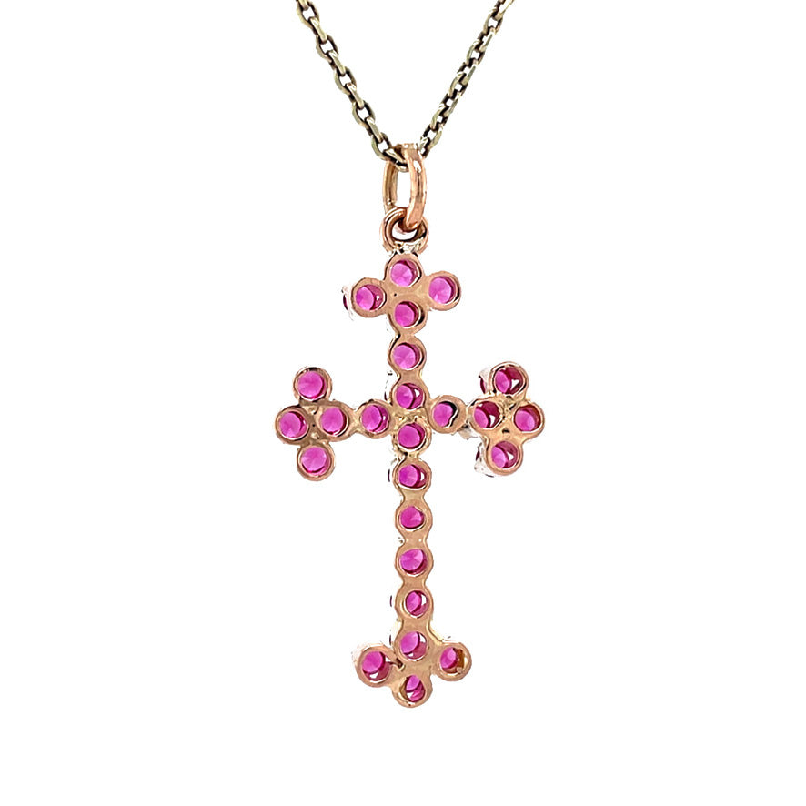 Roségouden vintage kruis hanger met robijn 18 krt