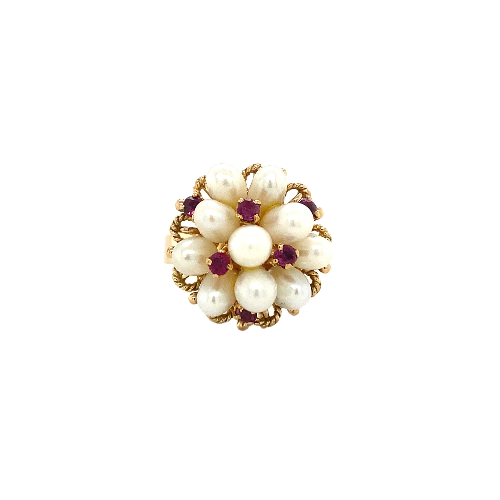 14 kt gold ring with ruby and pearl