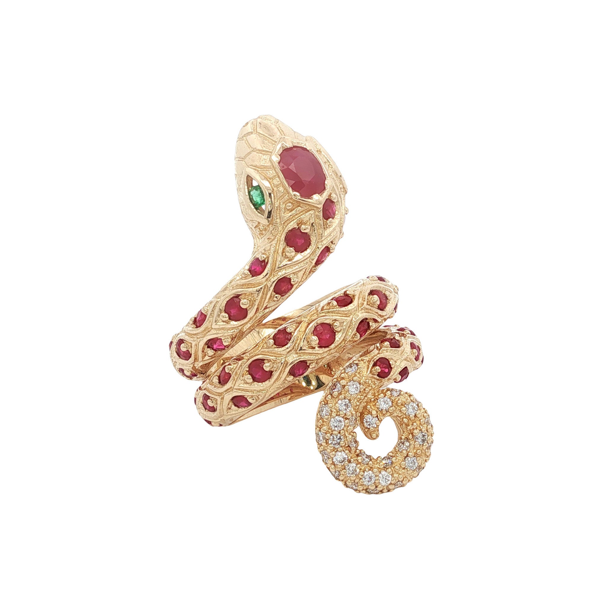 14 kt gold ring with emerald, ruby and diamond