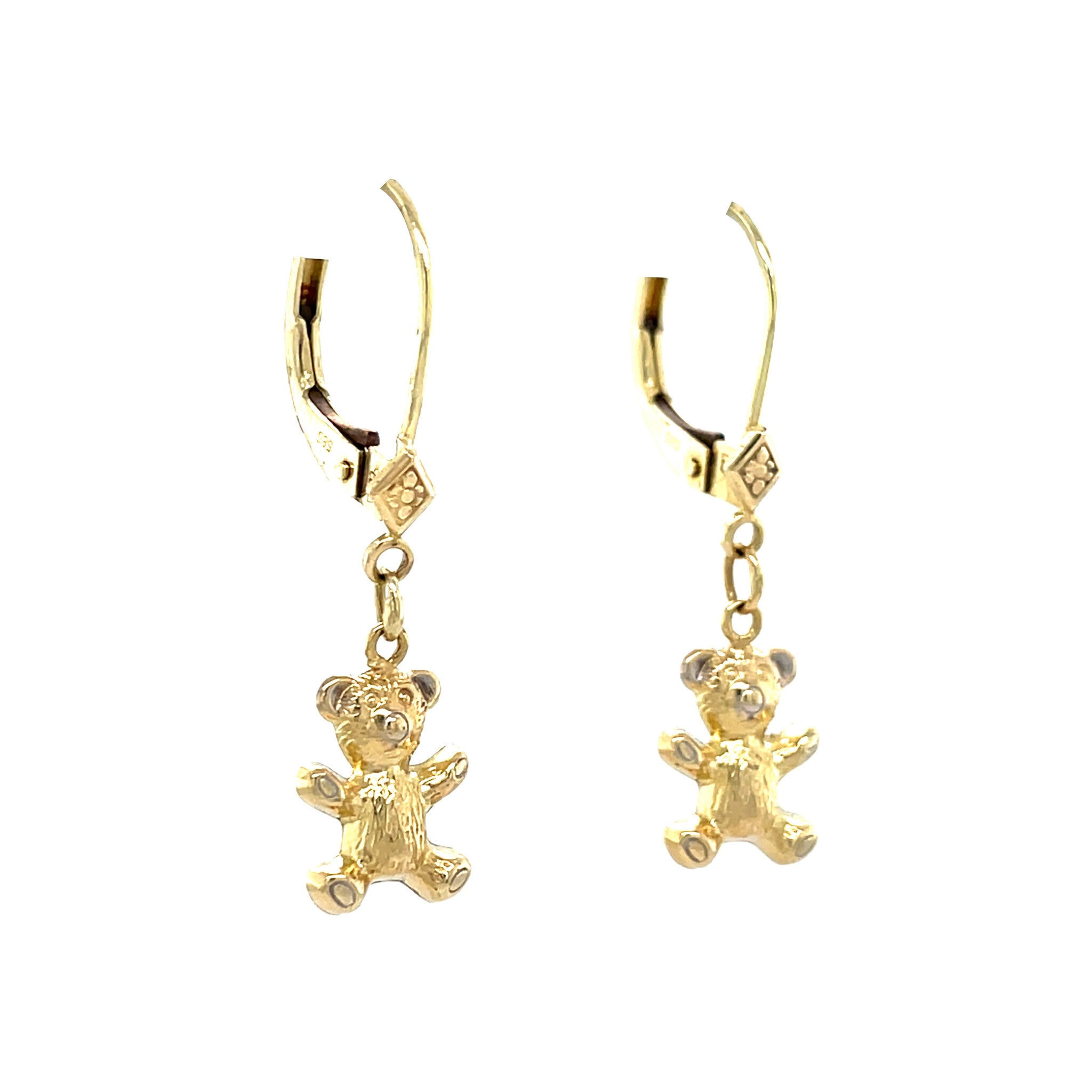 Gold vintage dangle earrings with bear, 14 kt
