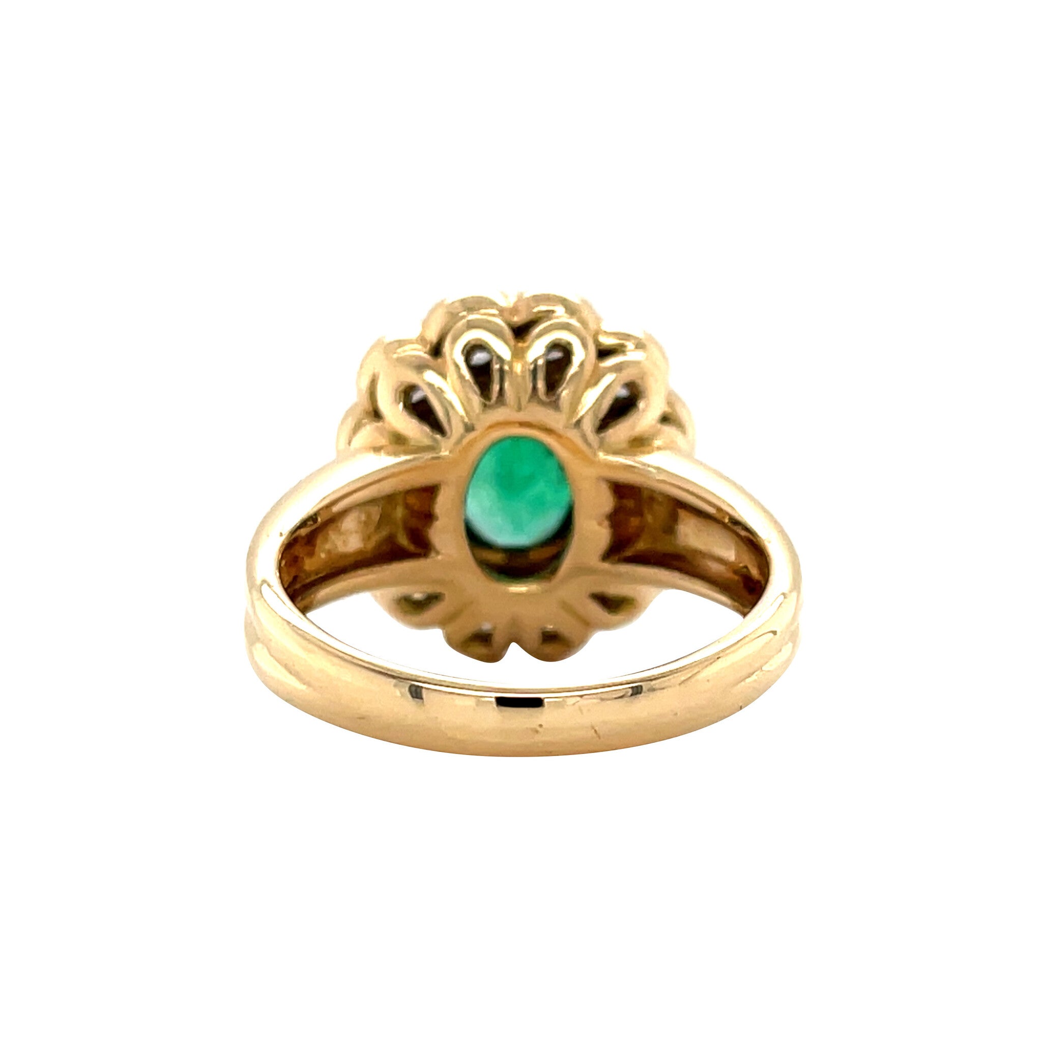 Gouden vintage entourage ring met smaragd en diamant 18 krt