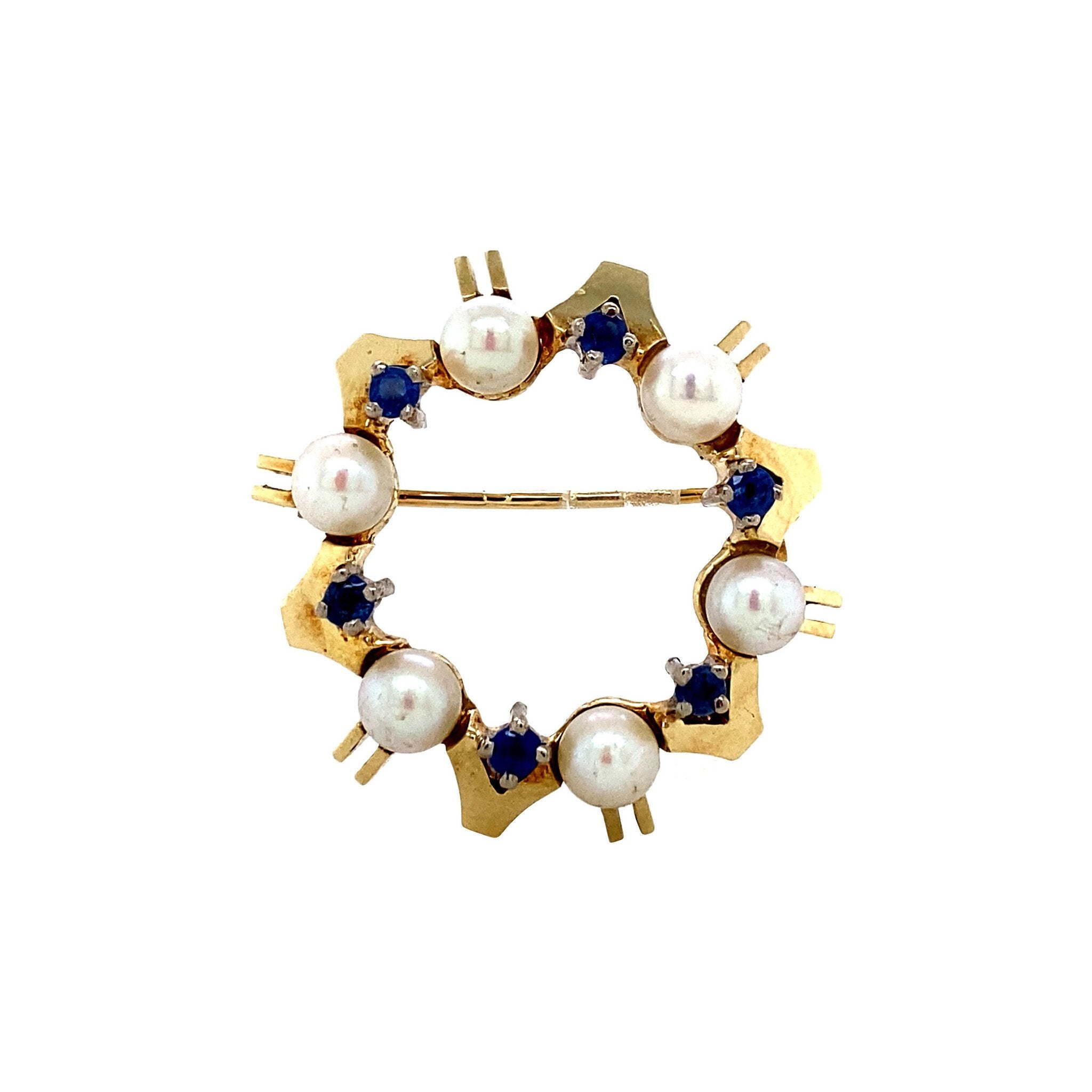 Gouden broche met saffier en parel 14 krt