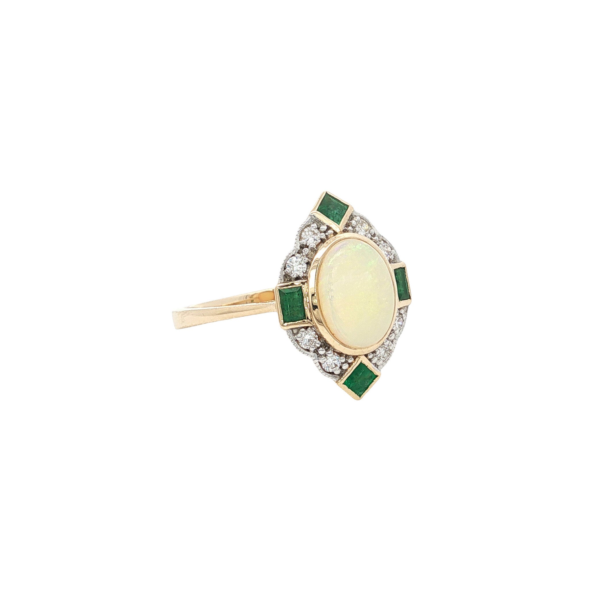 Gold ring with opal, emerald and diamond 14 kt