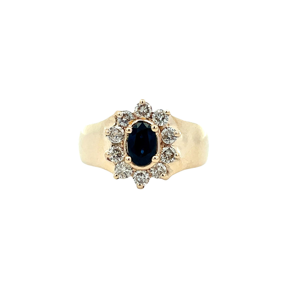 Gouden vintage entourage ring met saffier en diamant 14 kt