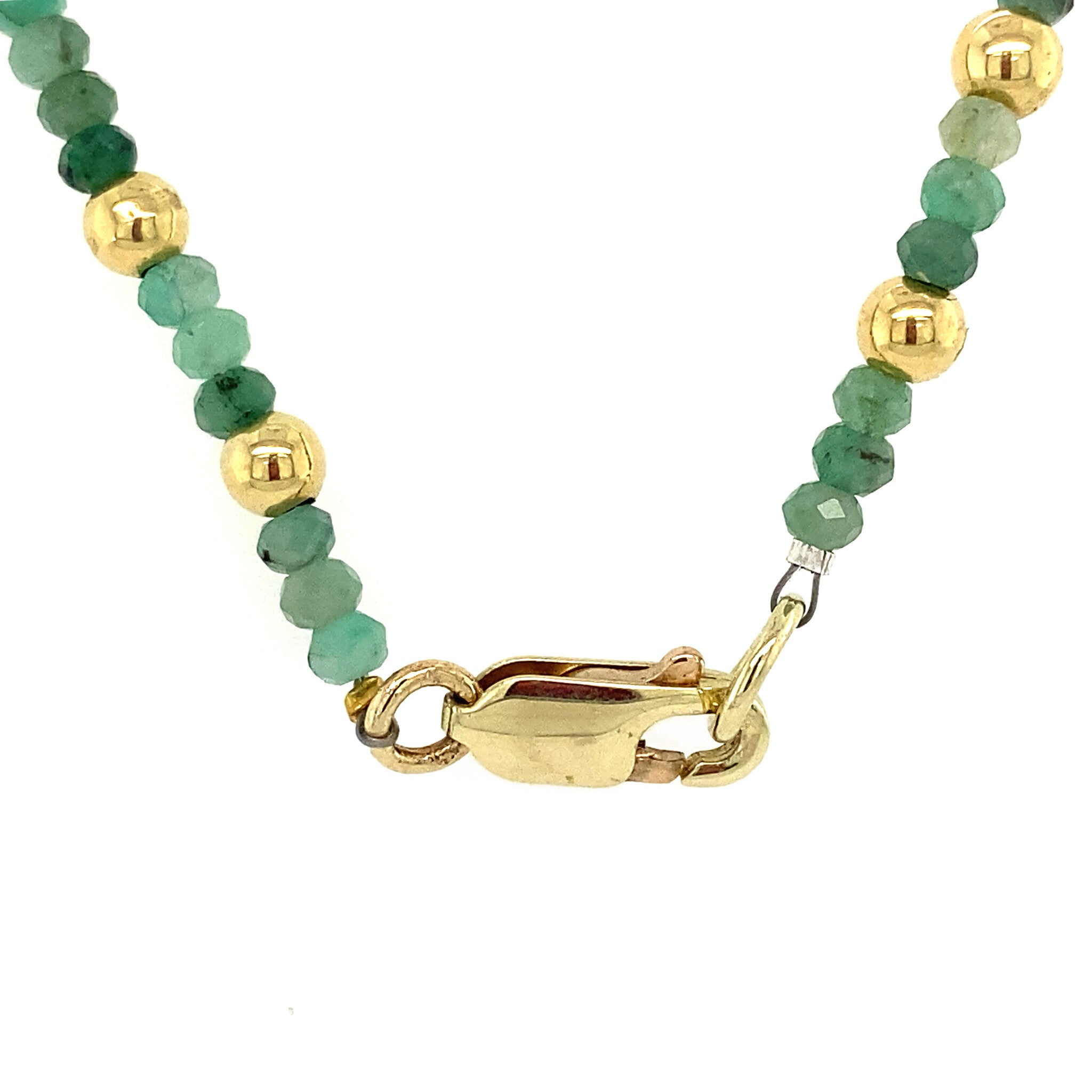Emerald necklace with gold beads and clasp, 42 cm, 14 kt