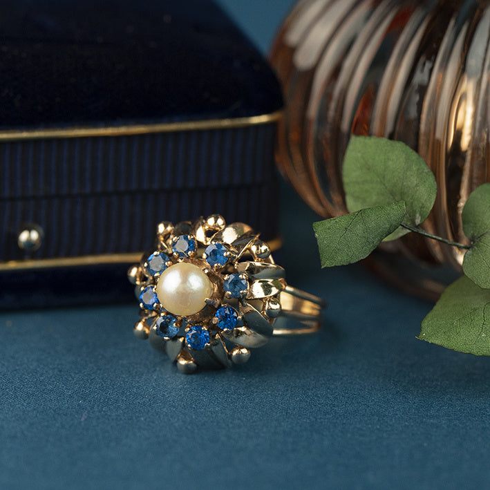 Roségouden entourage ring met parel en spinel 14 krt