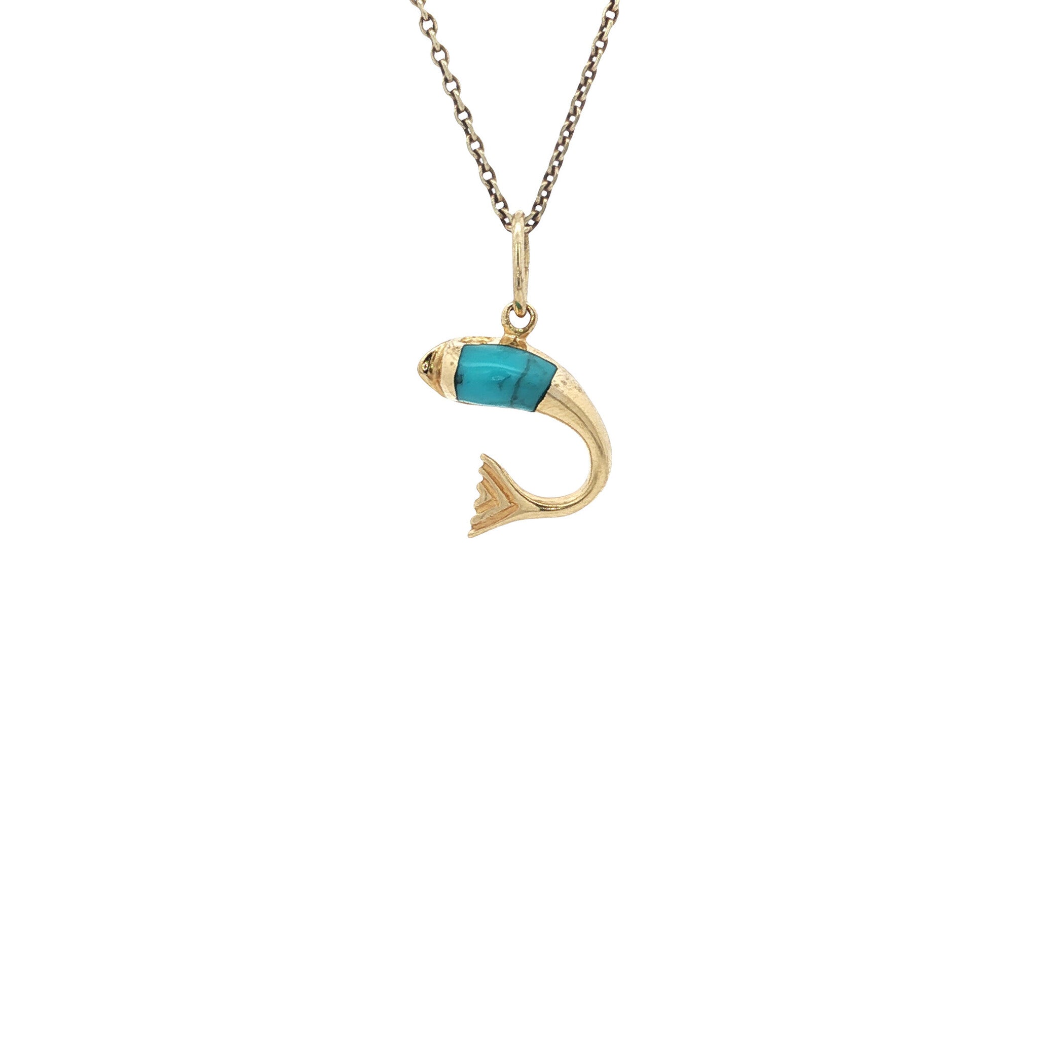 Gold vintage fish pendant with turquoise 14 kt