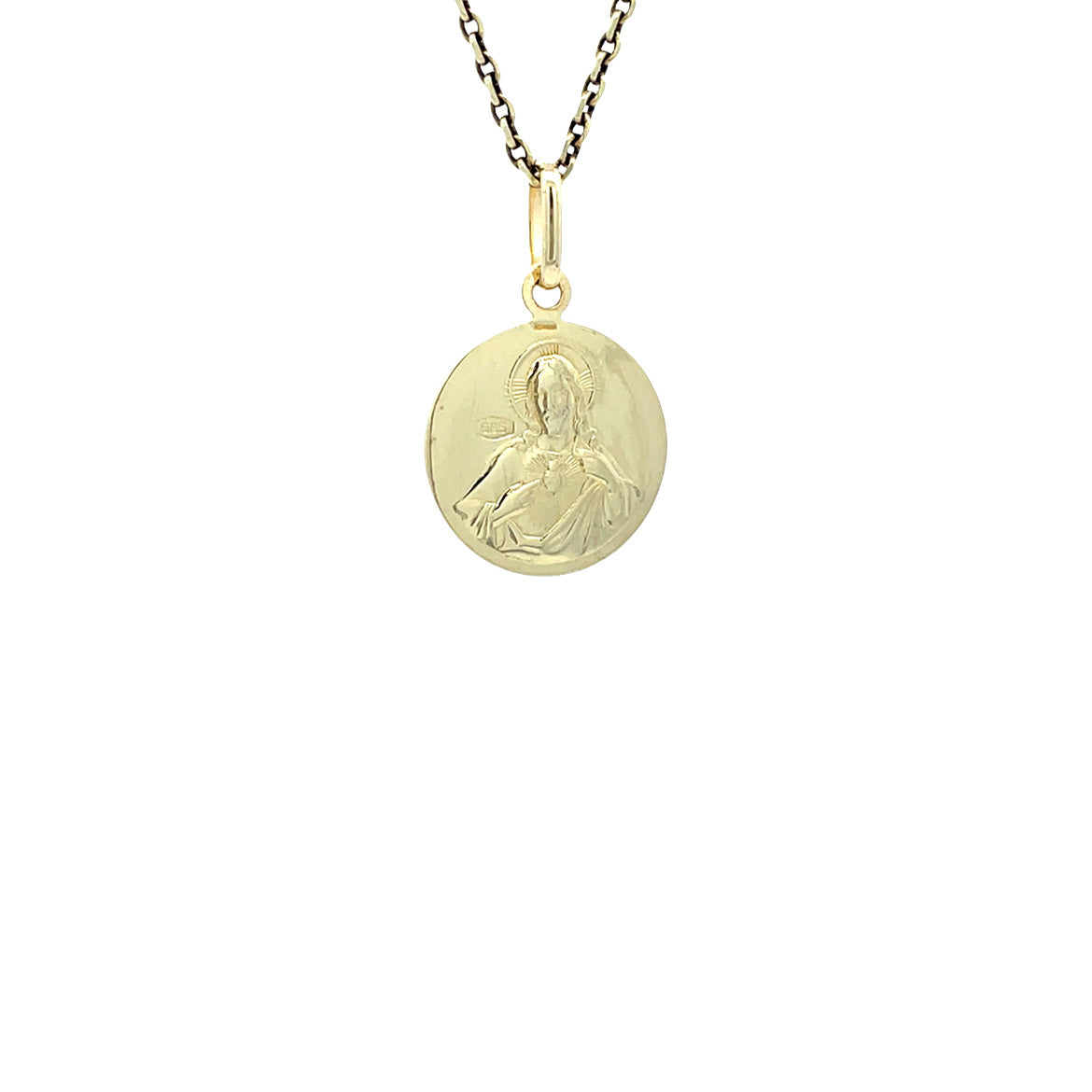 Gold vintage coin pendant with Jesus, Joseph and Mary 14 kt