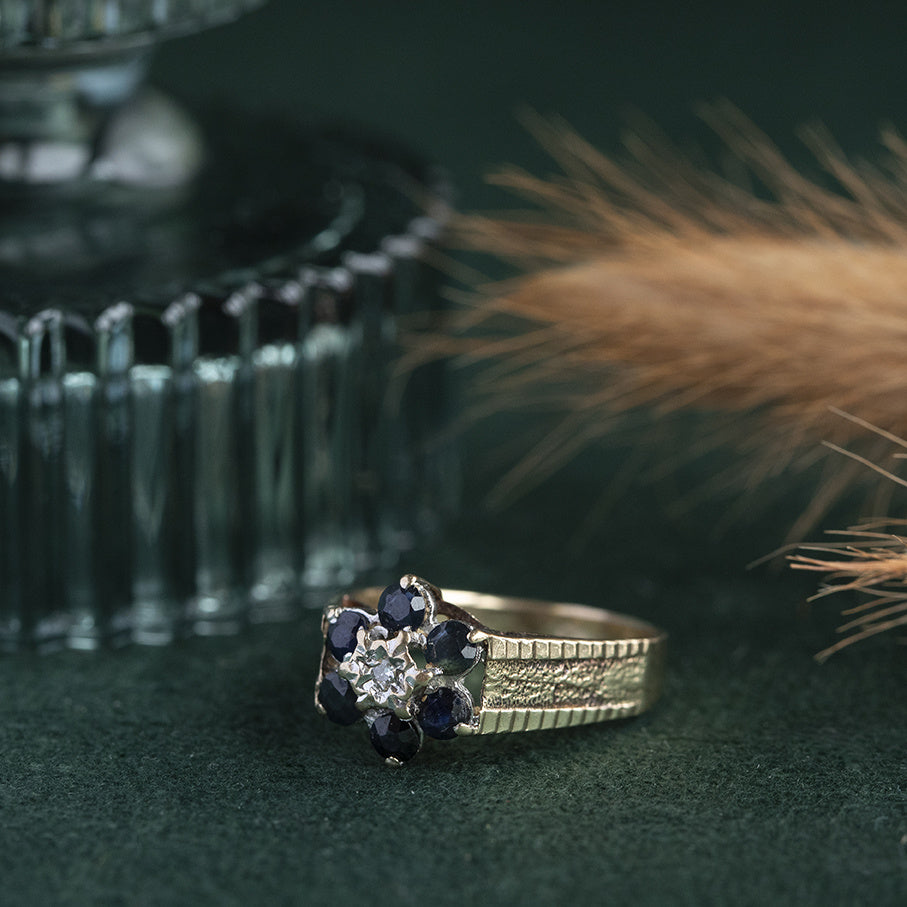 Bicolour entourage ring with sapphire and diamond 9 krt