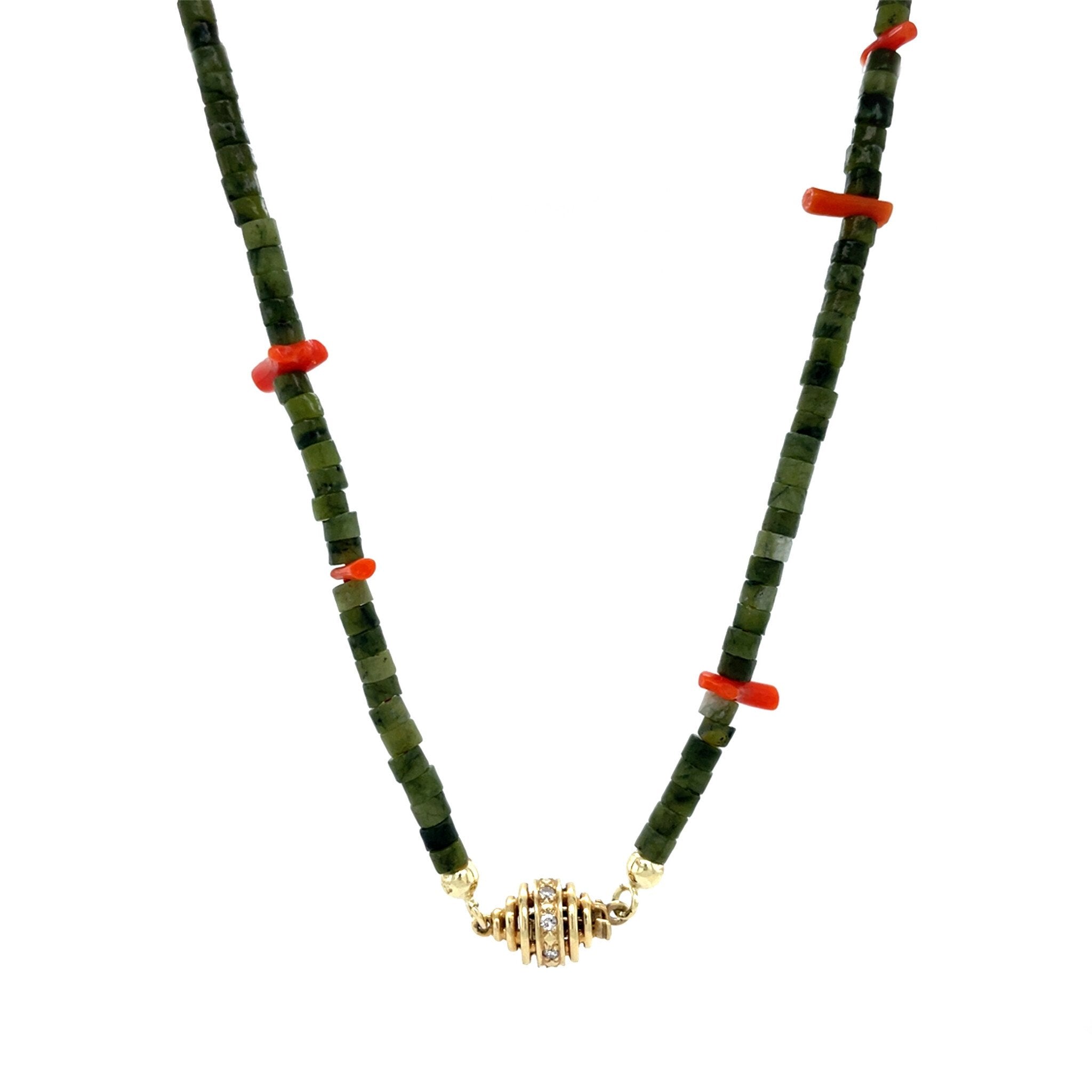 Vintage jade met bloedkoraal collier met sluiting met diamant 14 kt