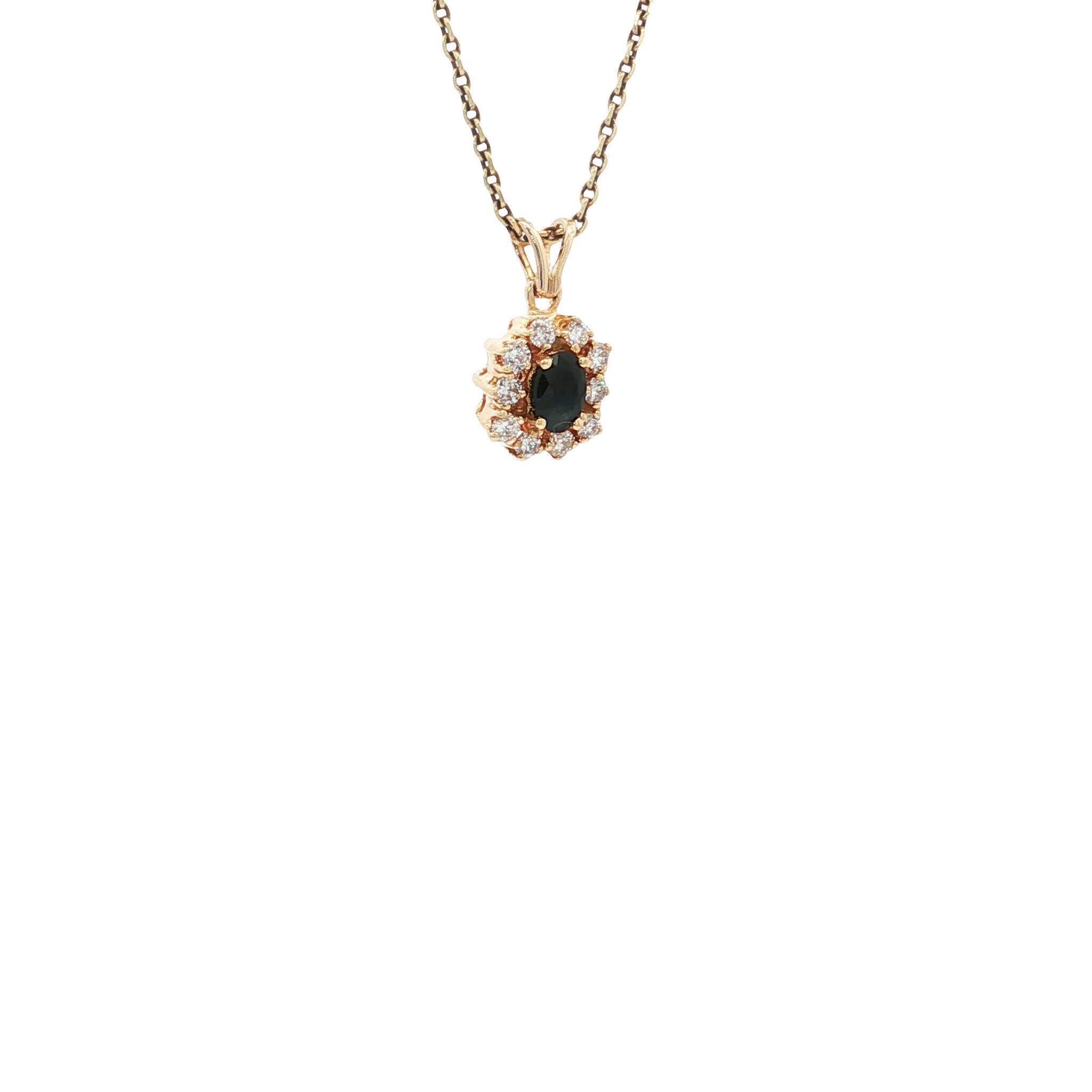 Gouden vintage entourage hanger met saffier en diamant 14 kt