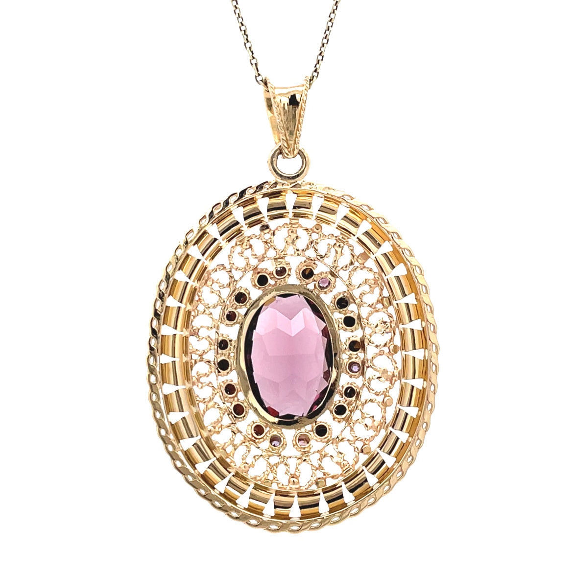Gouden vintage entourage hanger met kleursteen 14 kt