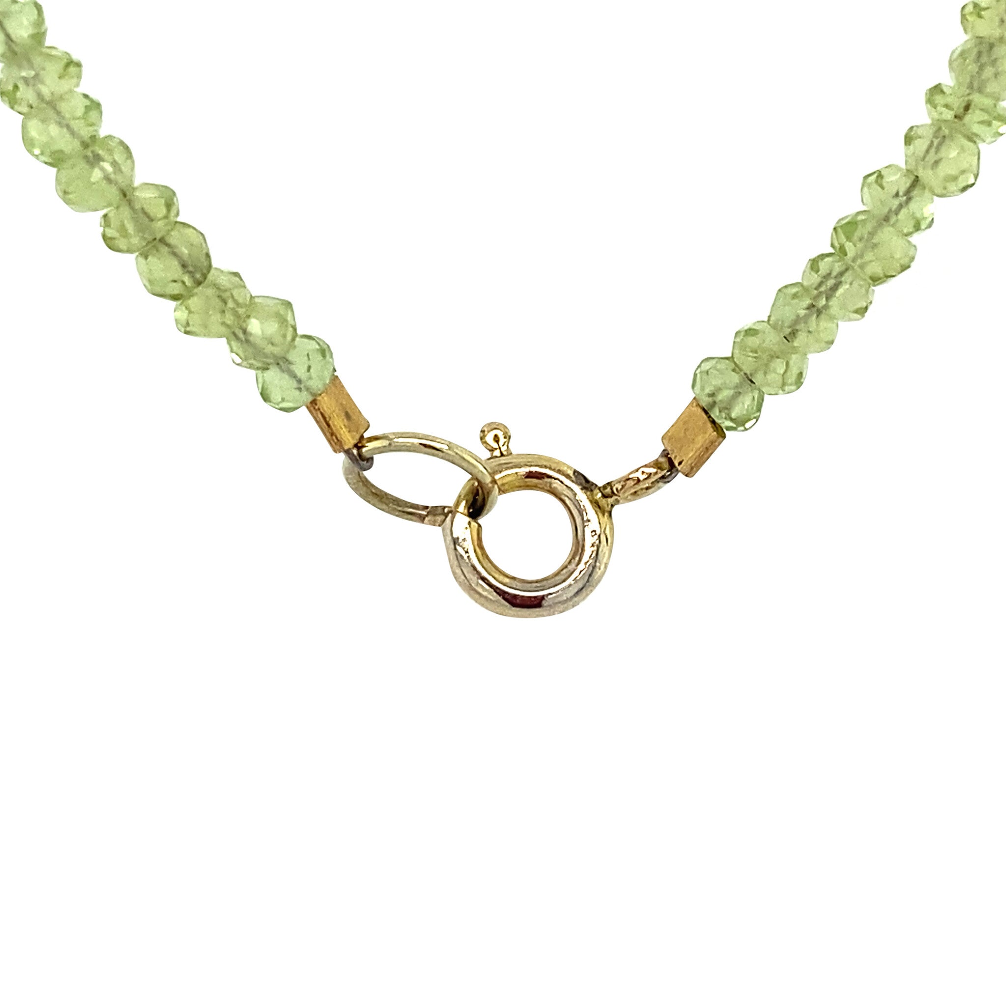 Peridot necklace with a pearl and a 14 kt gold clasp, 39.5 cm