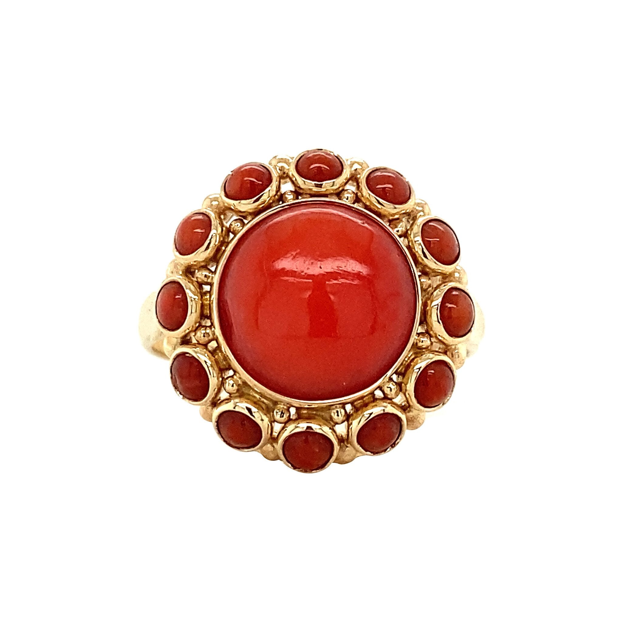 14 kt gold halo ring with red coral