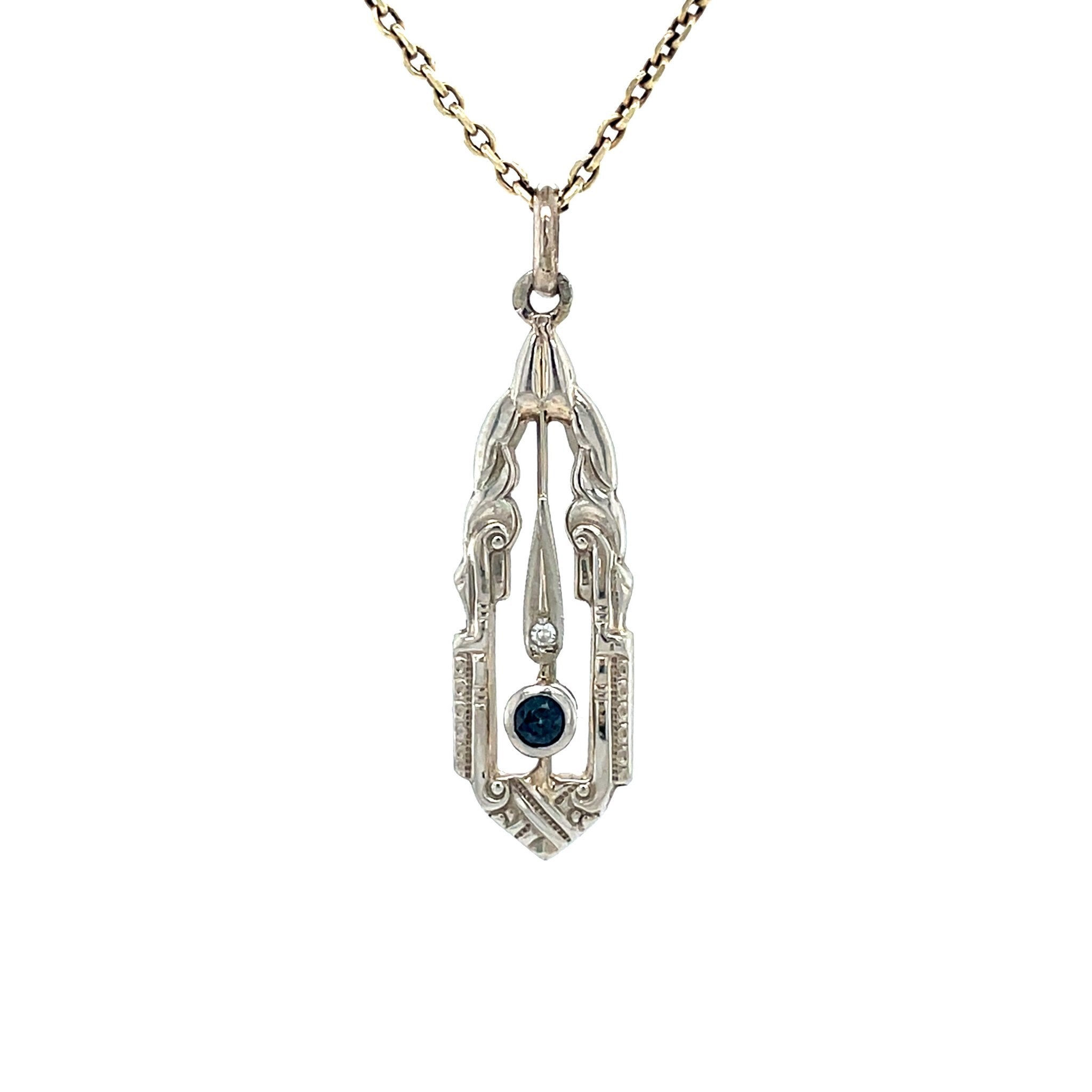 14 kt white gold vintage pendant with sapphire and diamond