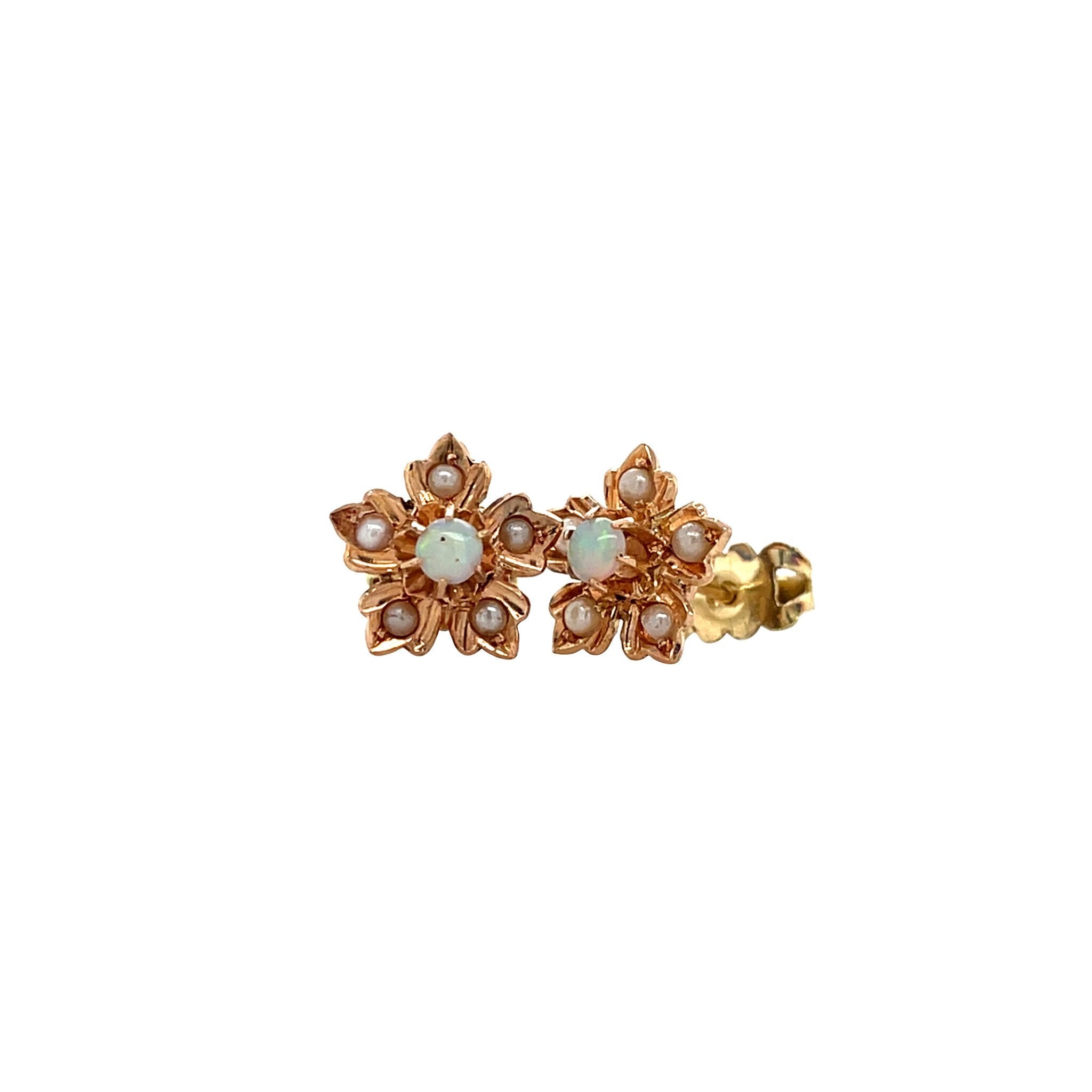 Roségouden vintage entourage oorstekers met opaal en parel 14 kt